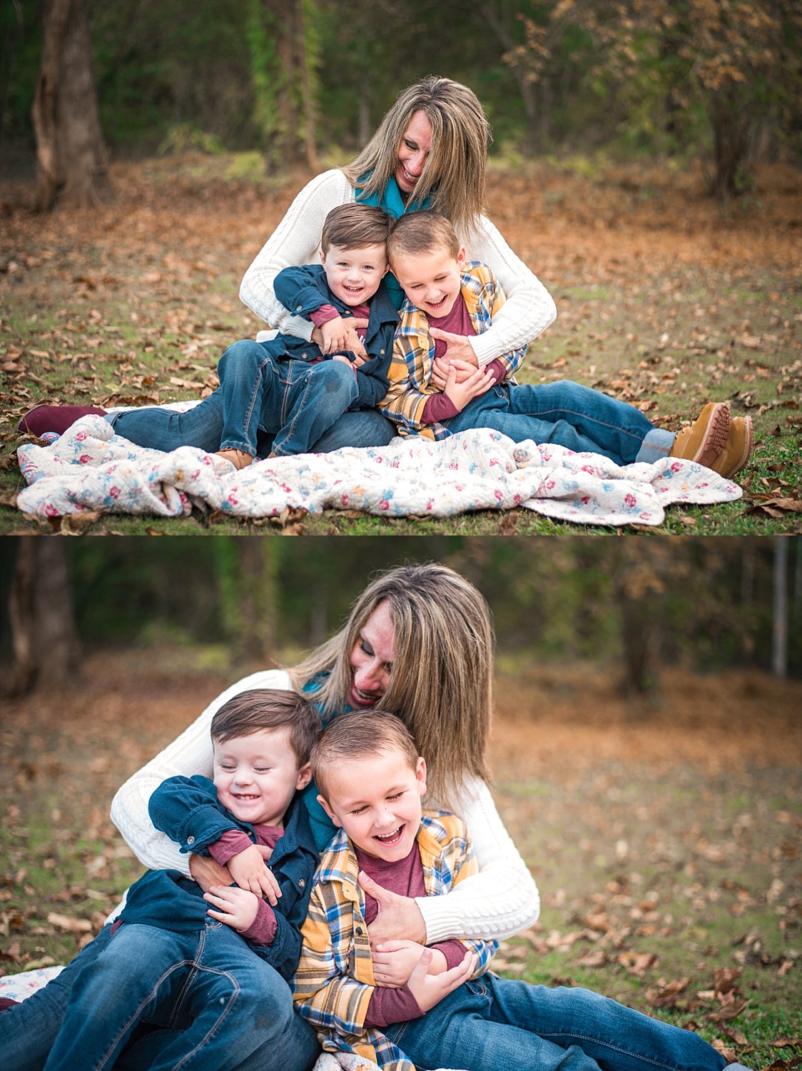 mom and two boys on blanket, cuddling and laughing