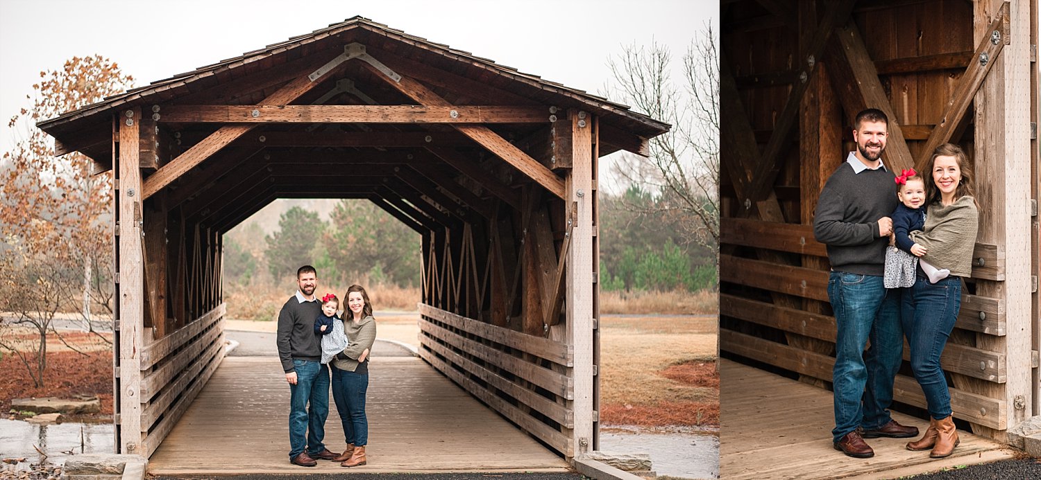 Family of 3 under covered bridge Garrard Landing Park