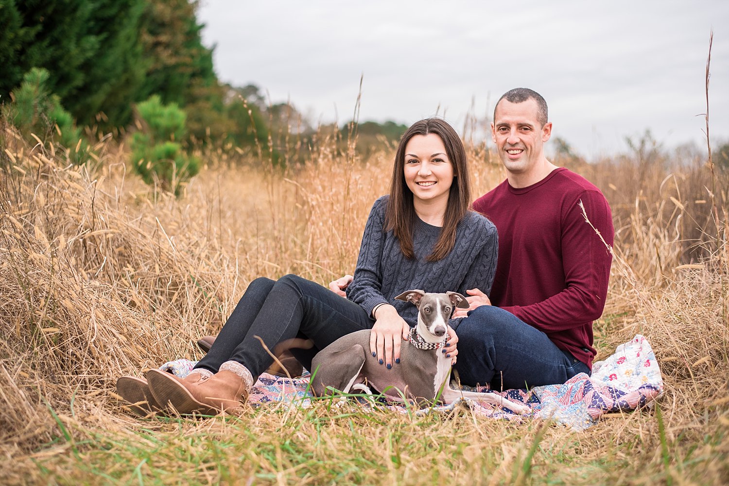 couple with italian greyhound sitting on quilt at Berry Patch Farms, Woodstock, GA