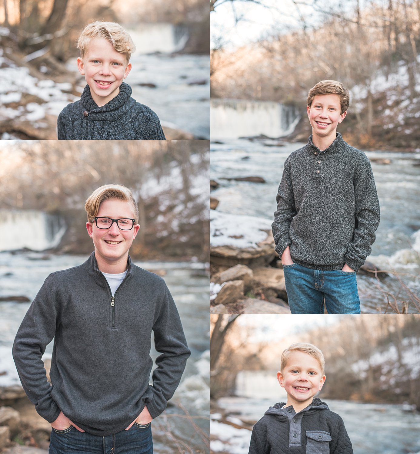 Collage of 4 brothers standing at Roswell Mill Waterfall Georgia