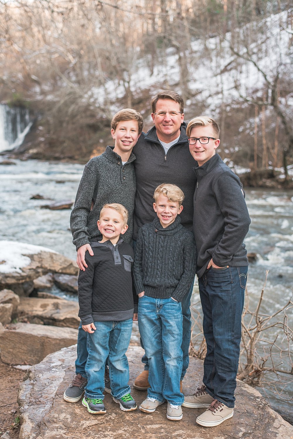 Father and 4 sons at Roswell Mill Waterfall