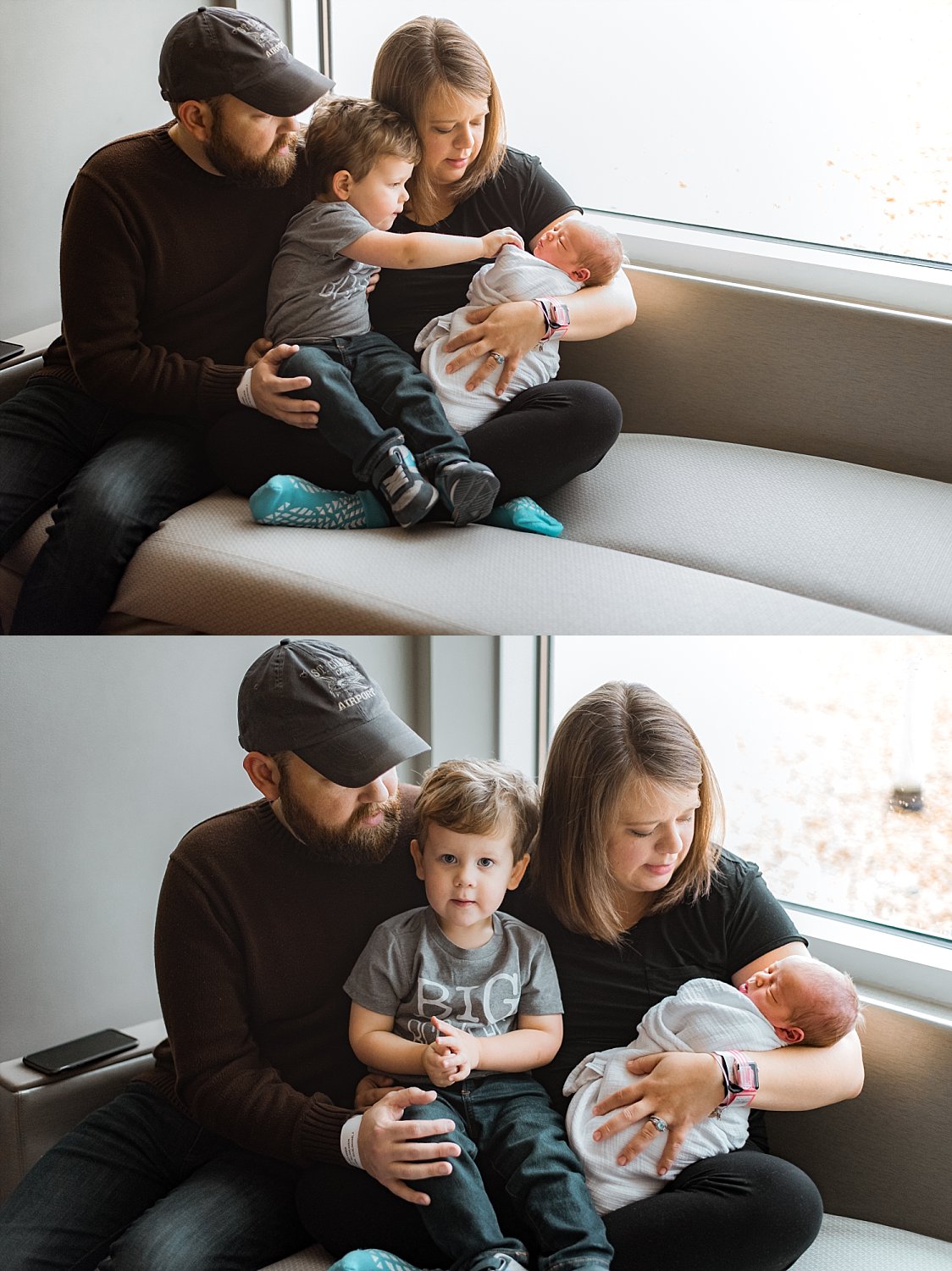 Family of 4 sitting in window at hospital in Canton, GA with looking at newborn baby