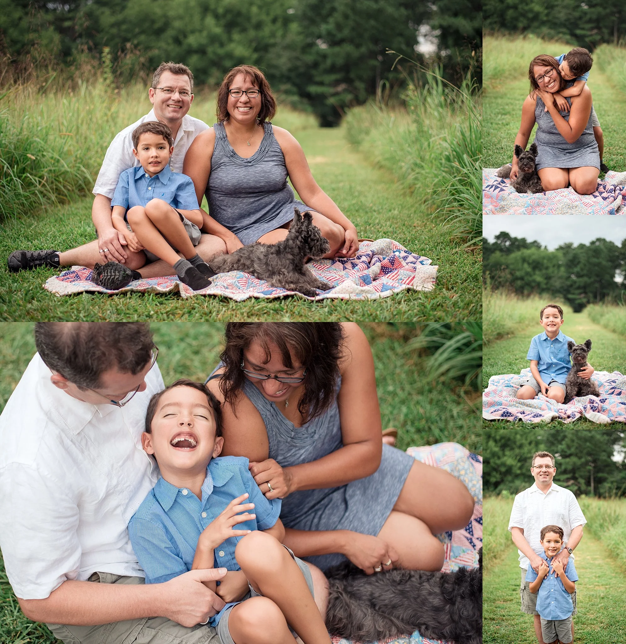 family in green field hugging and laughing | 3 tips for preparing for your family photo session | www.adriennelouisephotography.com