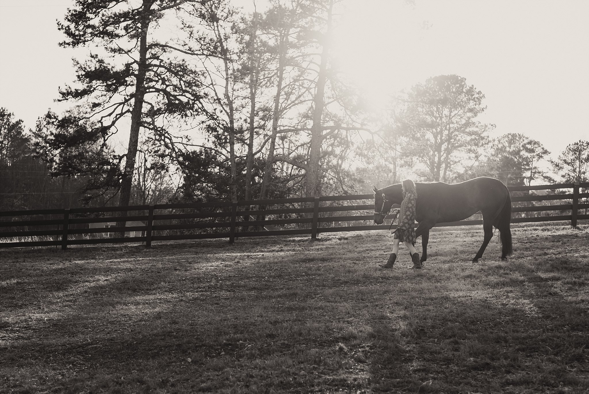 senior girl walking horse through field