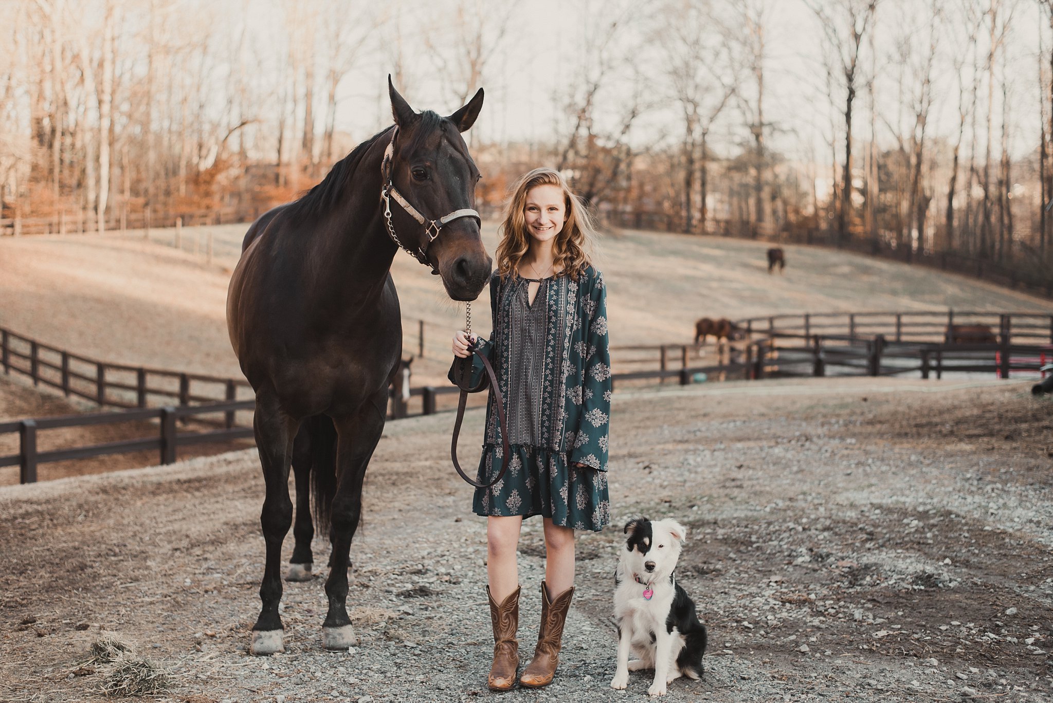 senior girl with her horse and puppy