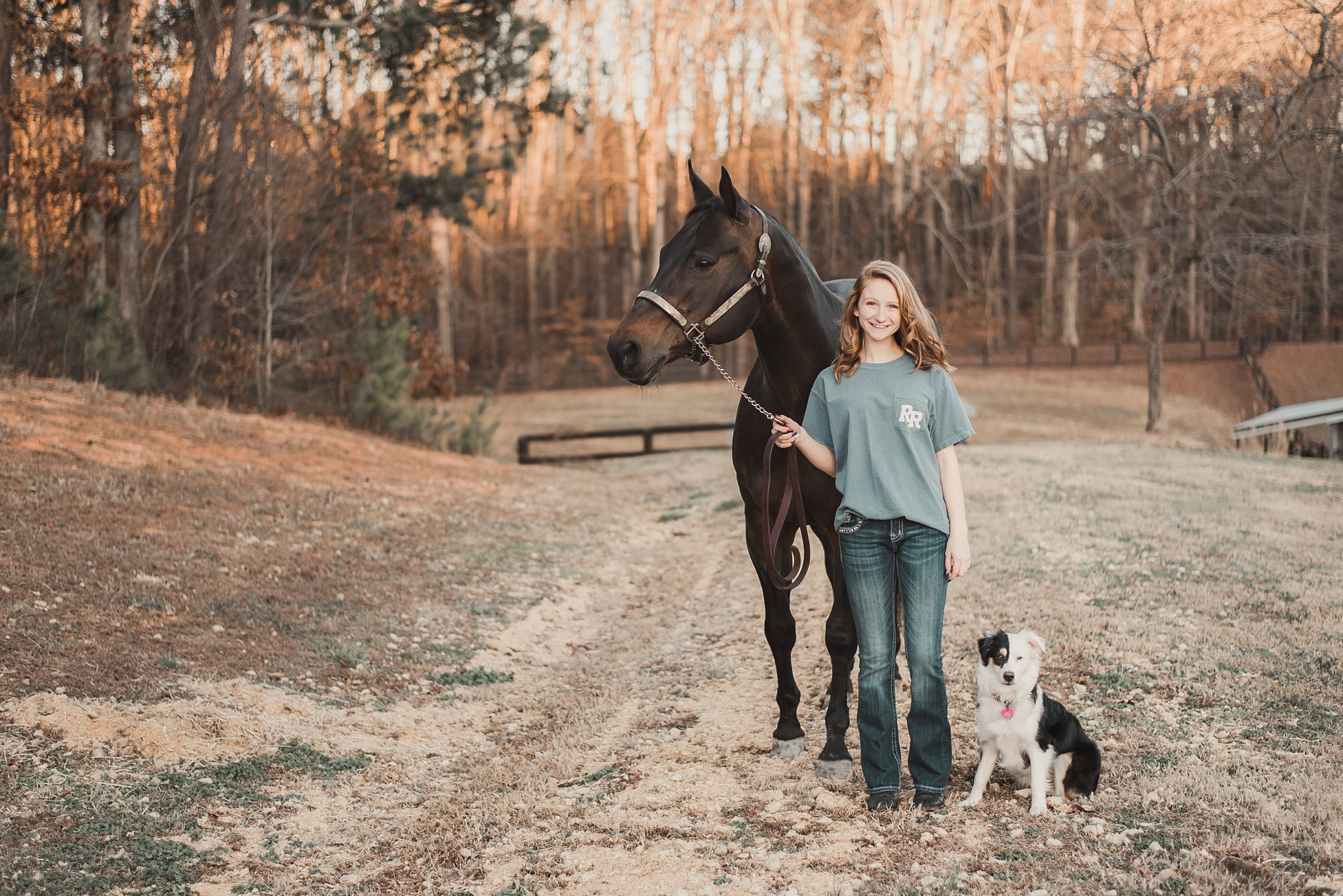 senior girl with horse and puppy