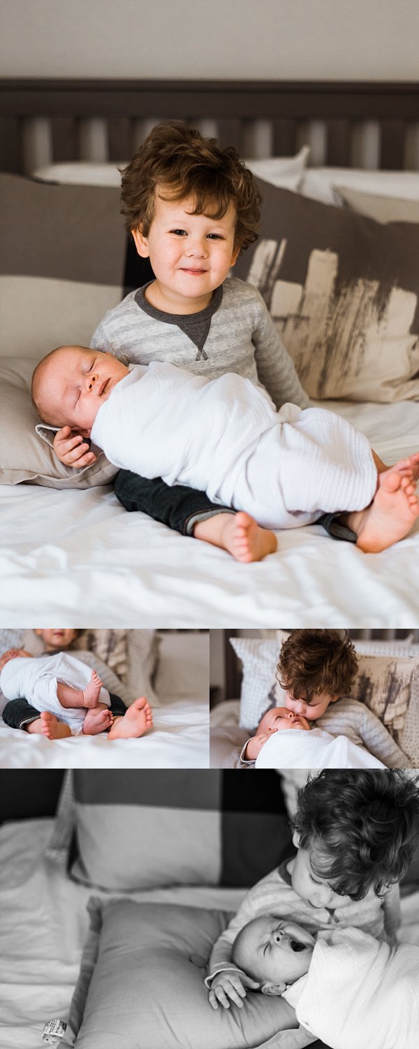 pictures of newborn baby boy with toddler brother snuggling on bed