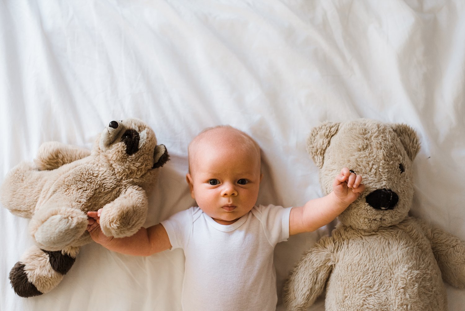 newborn baby boy with parents stuffed animals