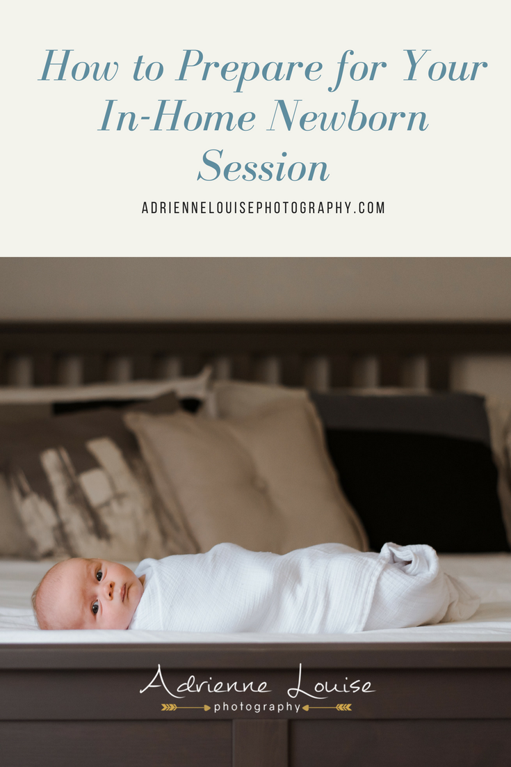 baby swaddled on bed | preparing for your in home newborn session | adriennelouisephotography.com