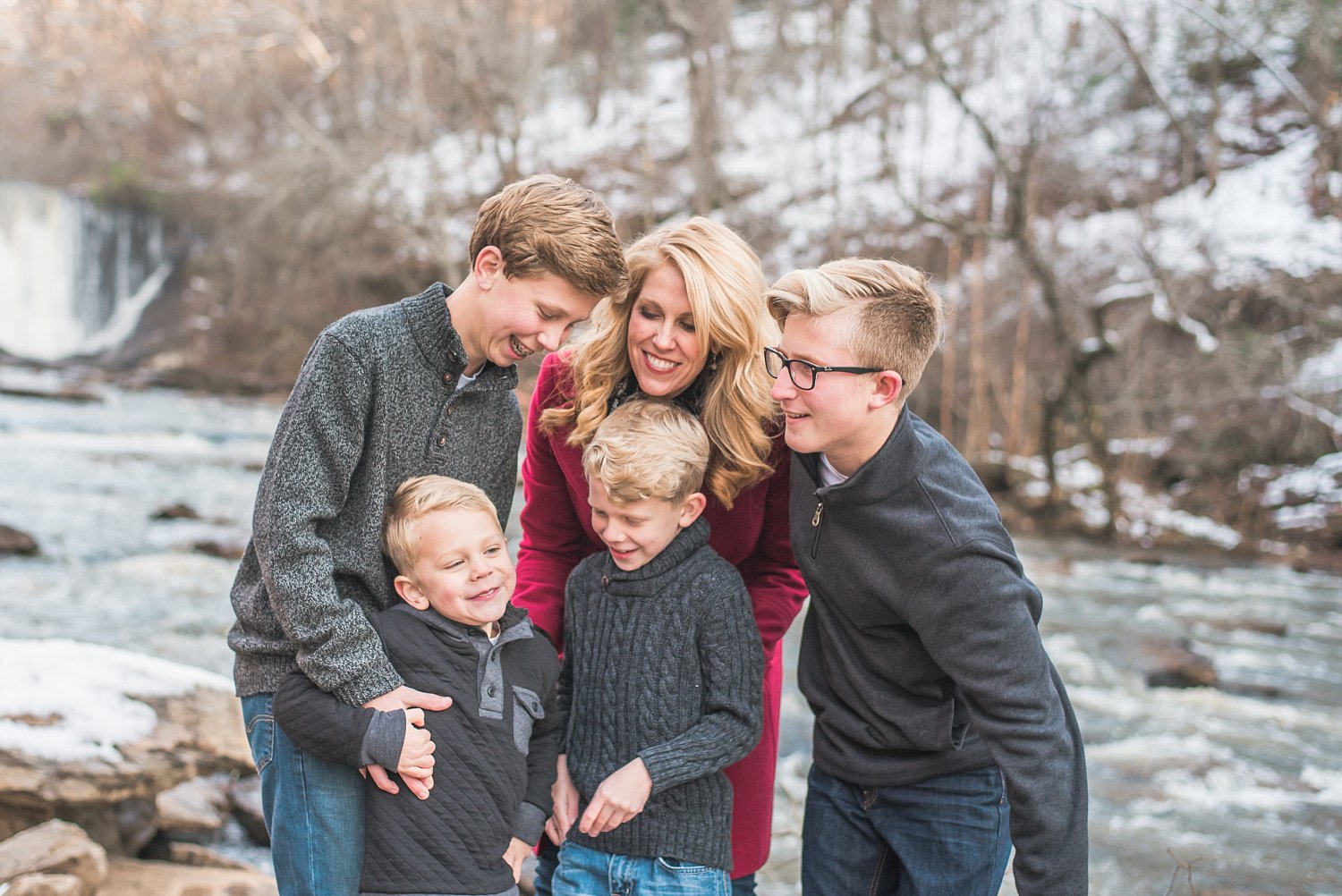 Mom and 5 sons at Roswell Mill Waterfall