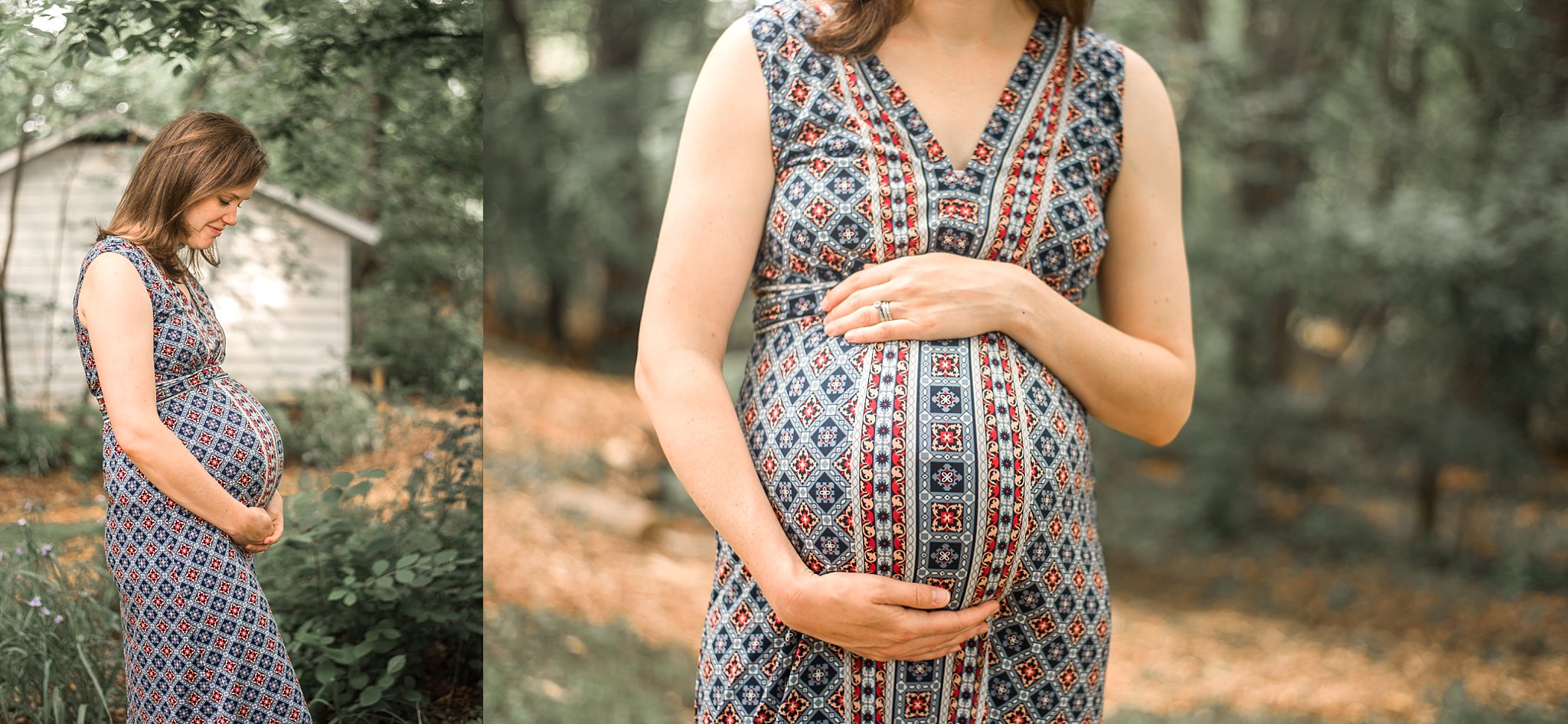 mom holding pregnant belly in front of barn