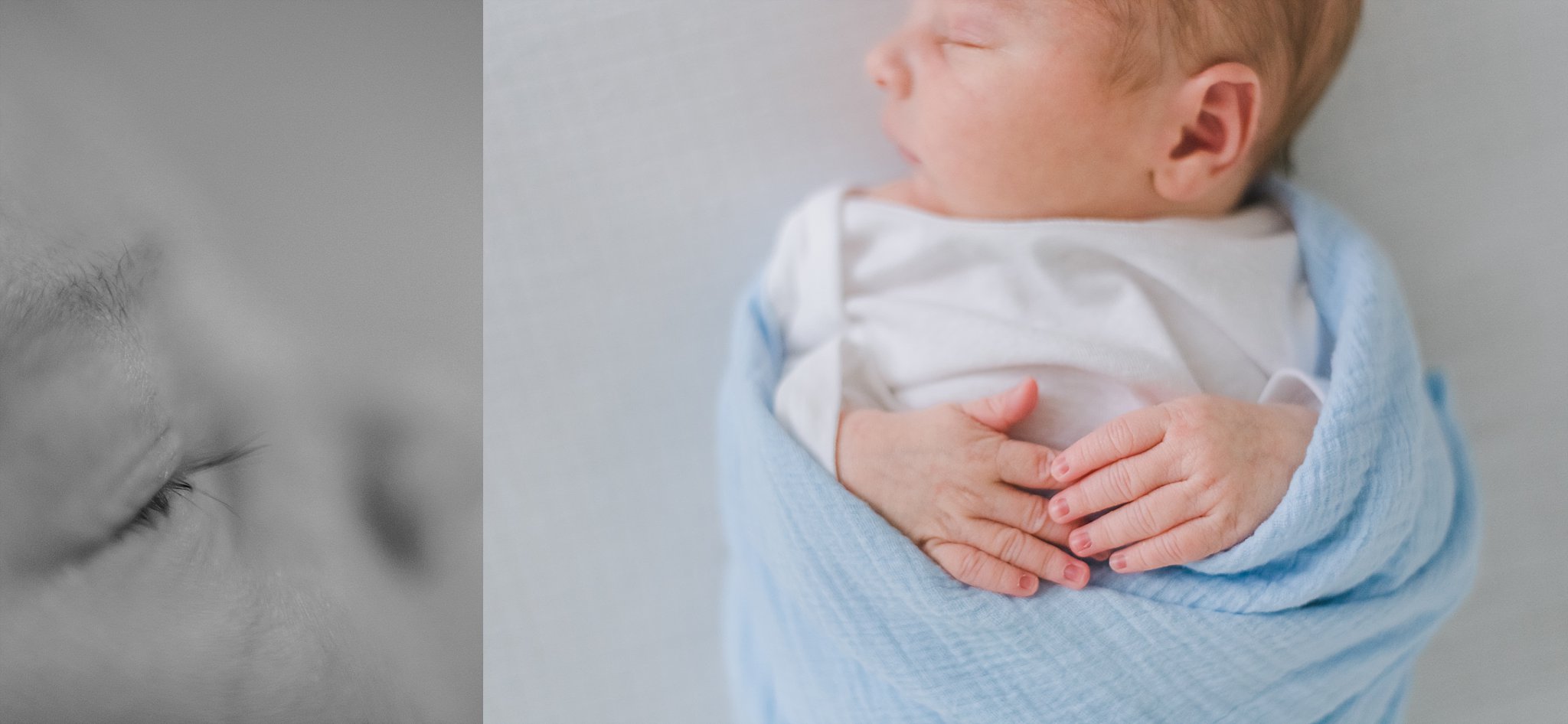 detail shot of newborn eyelashes and hands