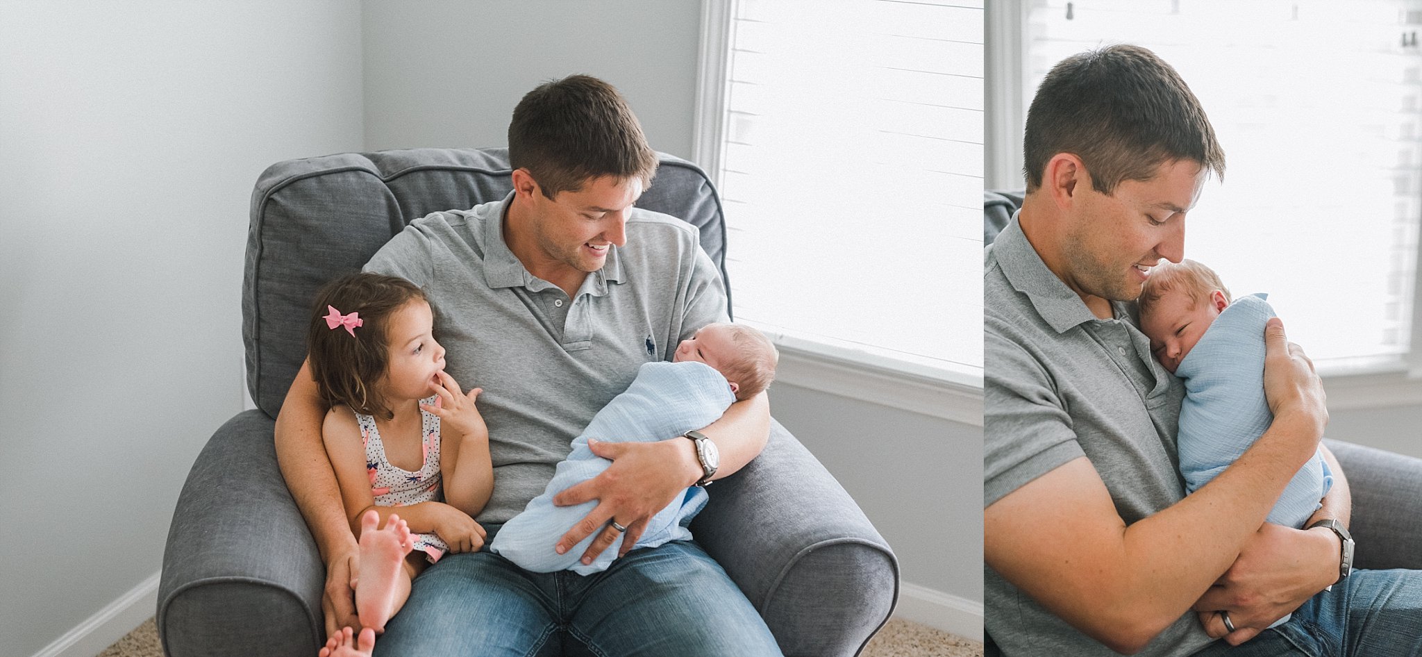 father holding newborn and sitting in chair with toddler daughter