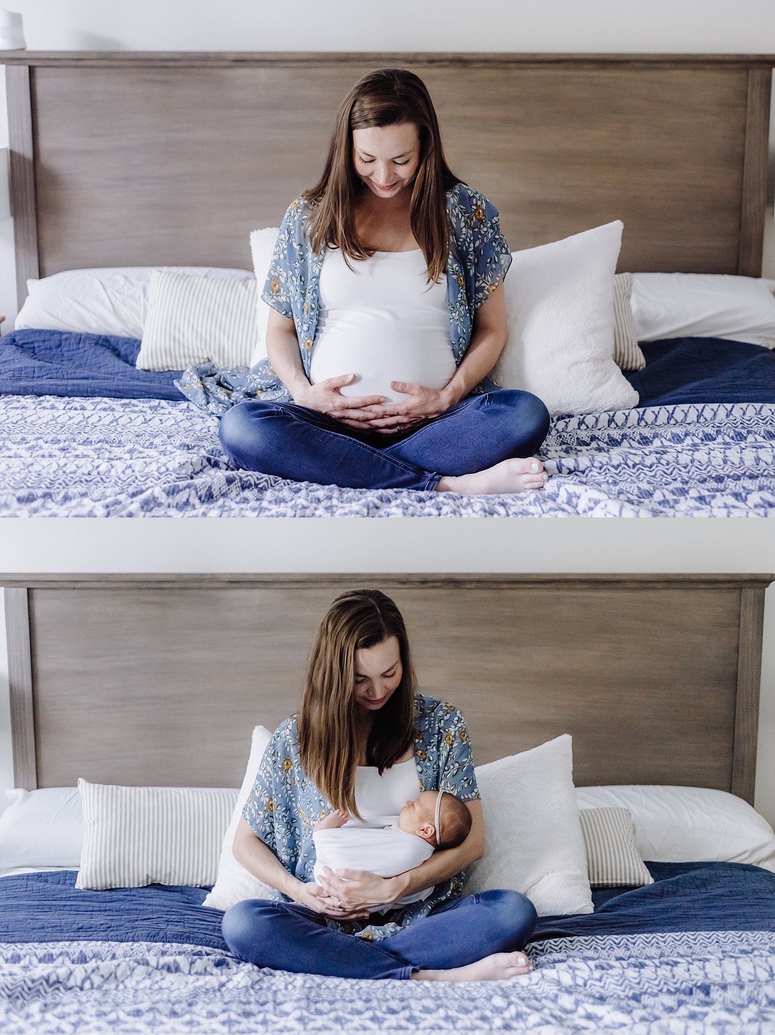 Before and after image of pregnant mother and mother holding baby