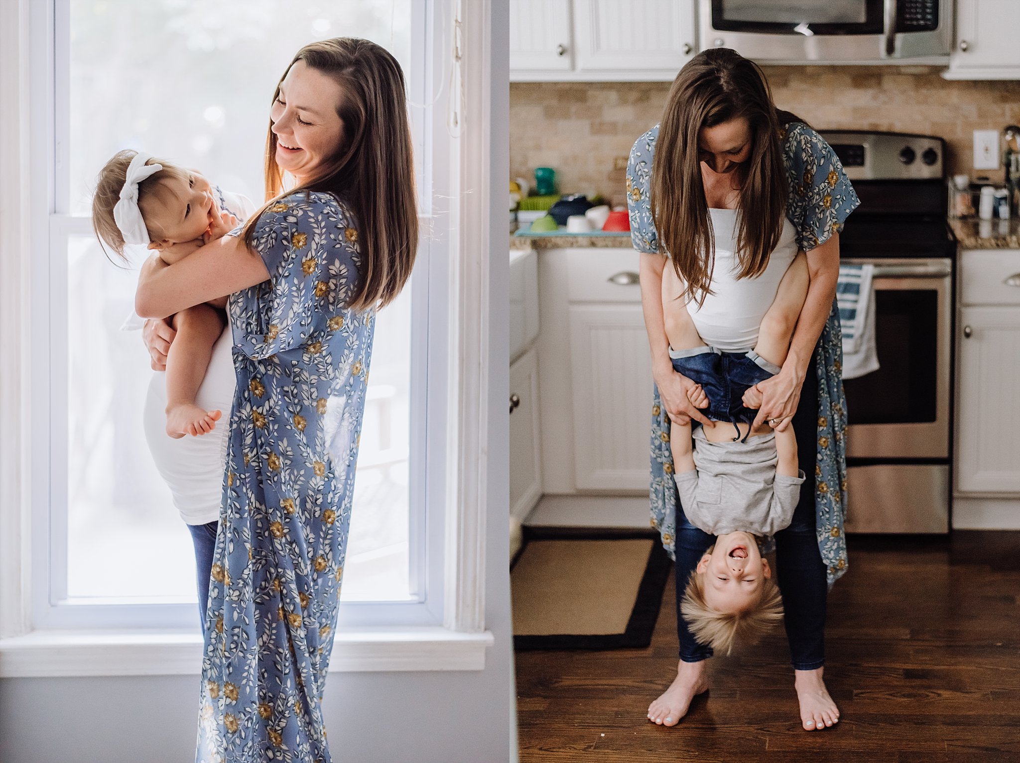 pregnant mother laughing and playing with toddlers