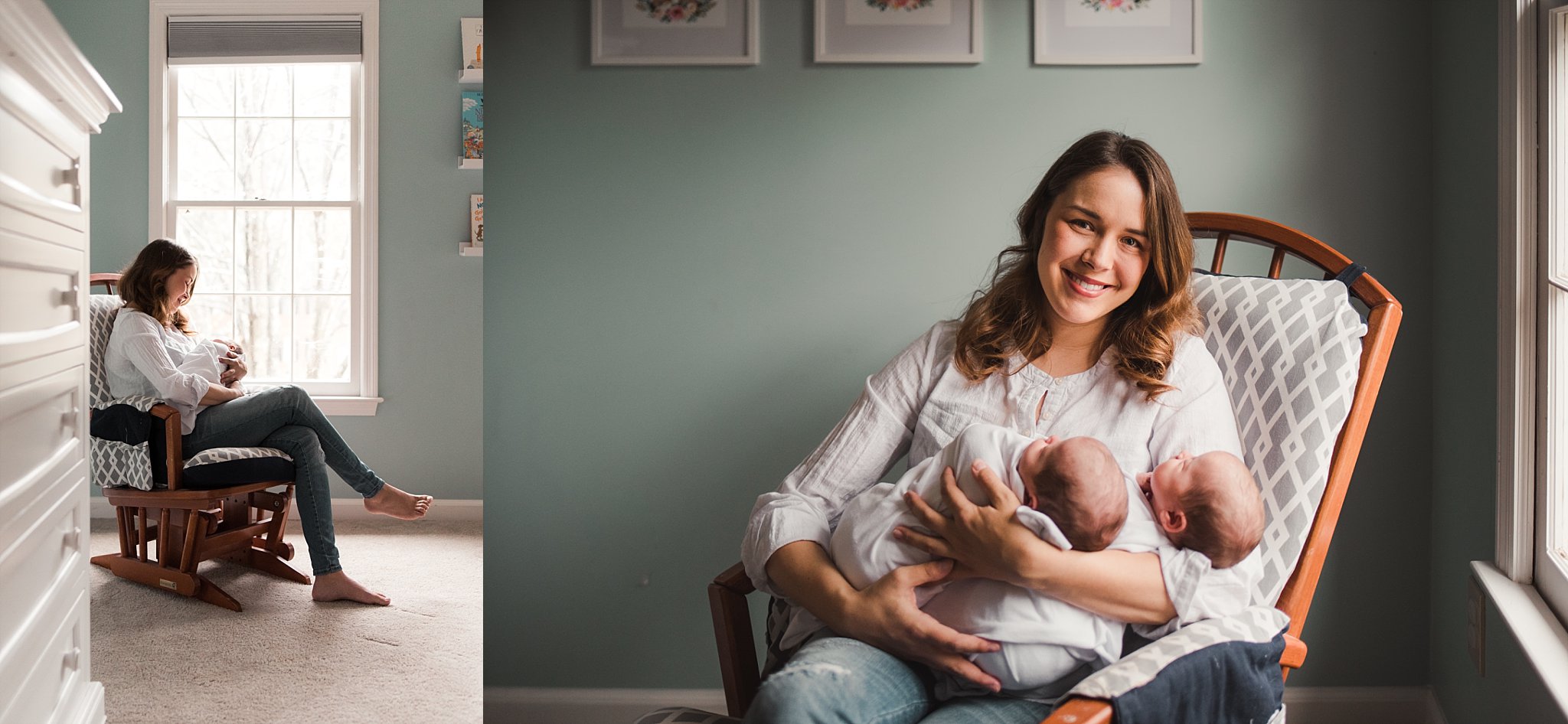 mother in rocker with newborn twins