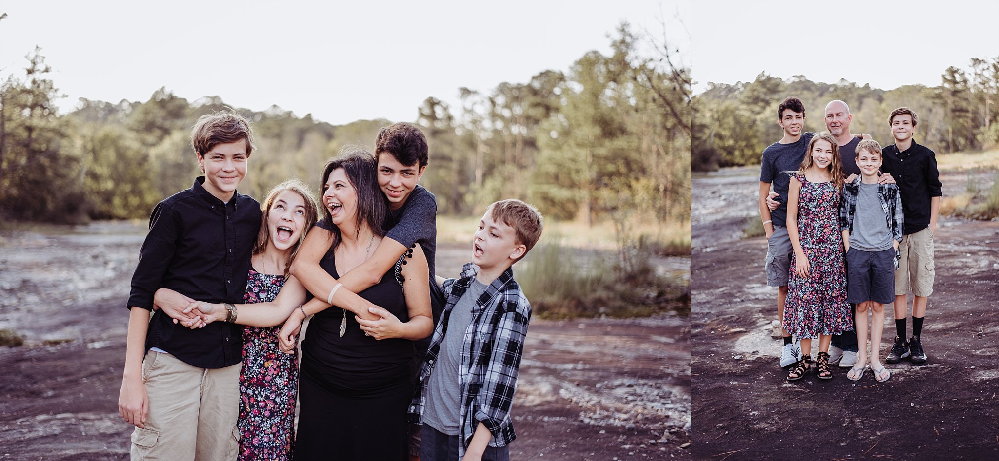 Family of 6 laughing at Arabia Mountain Atlanta GA