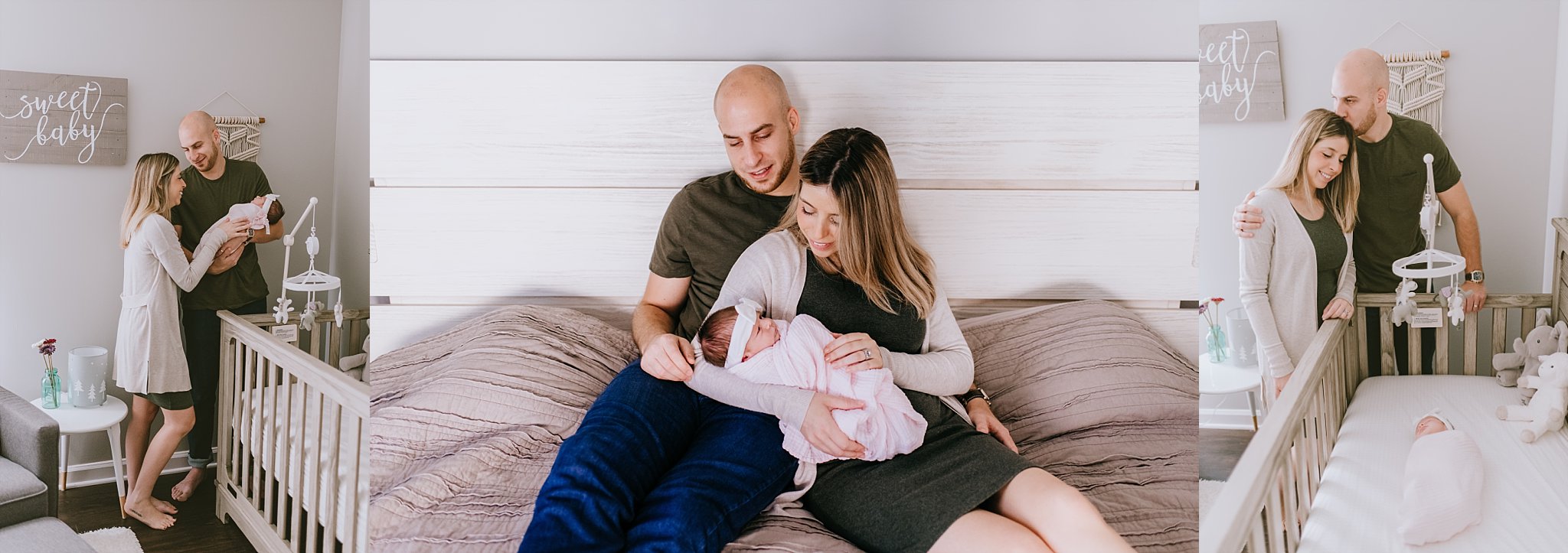 mother and father with newborn baby girl in master bedroom and nursery