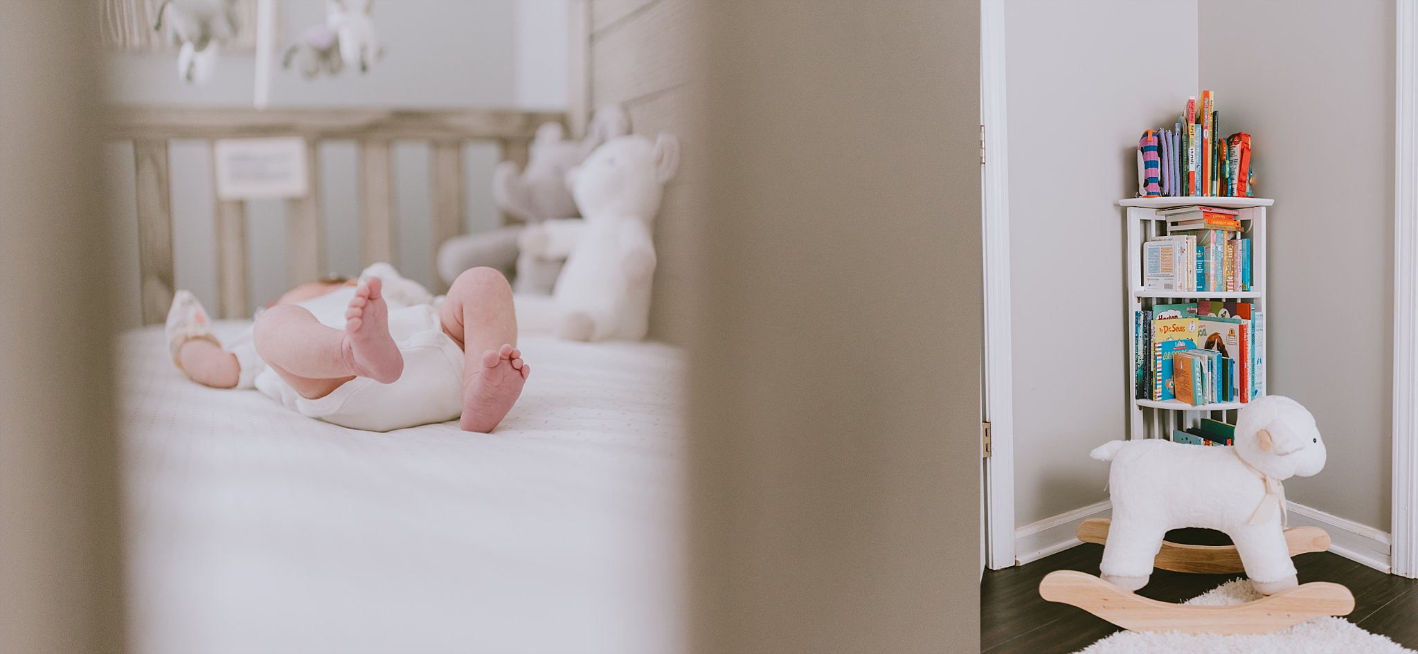 baby's feet in crib and bookshelf