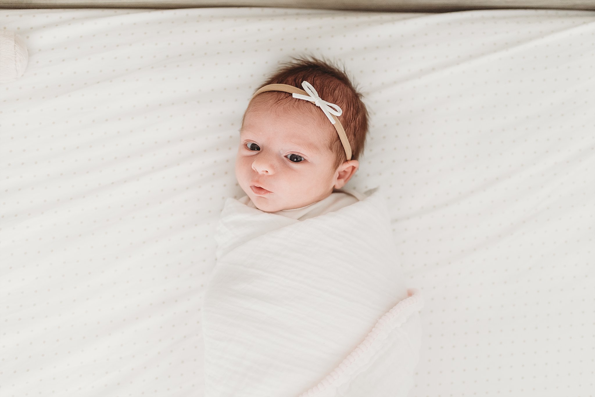 newborn baby girl swaddled with small white bow 