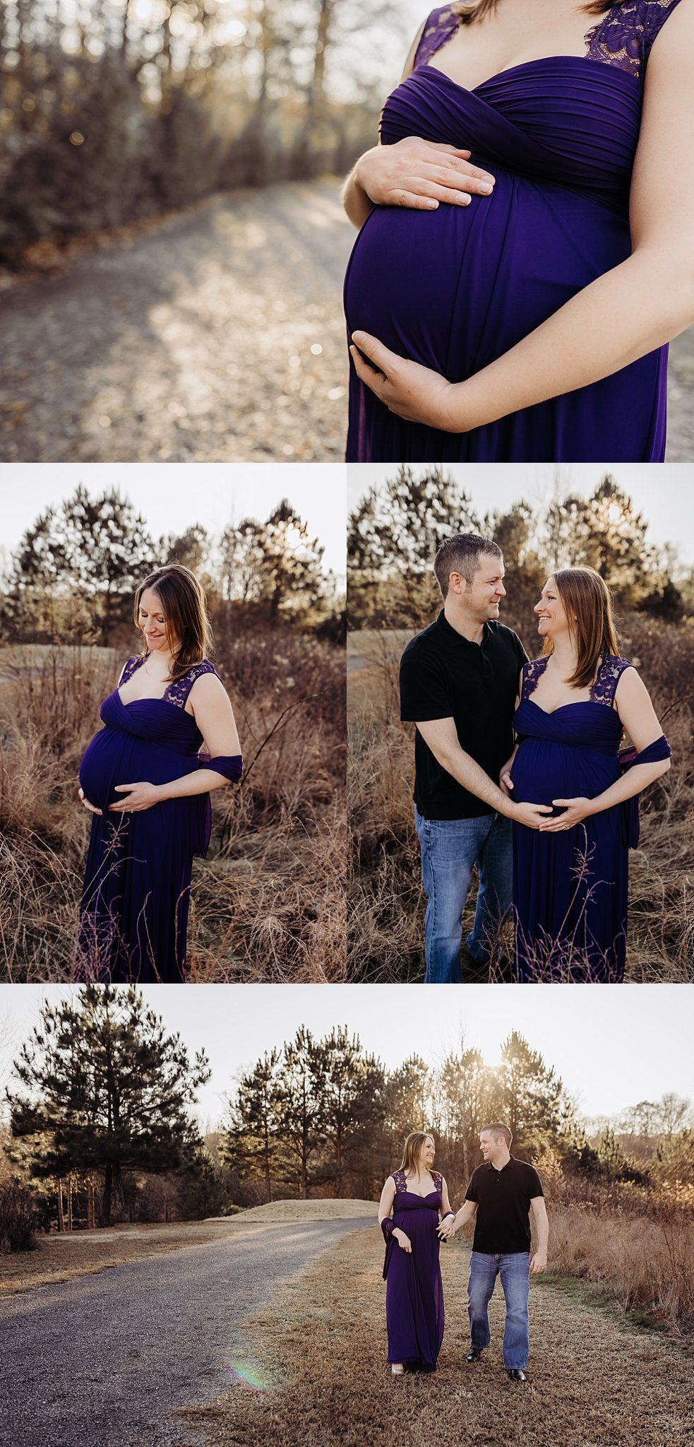 collage of pregnant mom in field at sunset Garrard Landing Park Roswell GA maternity photo session