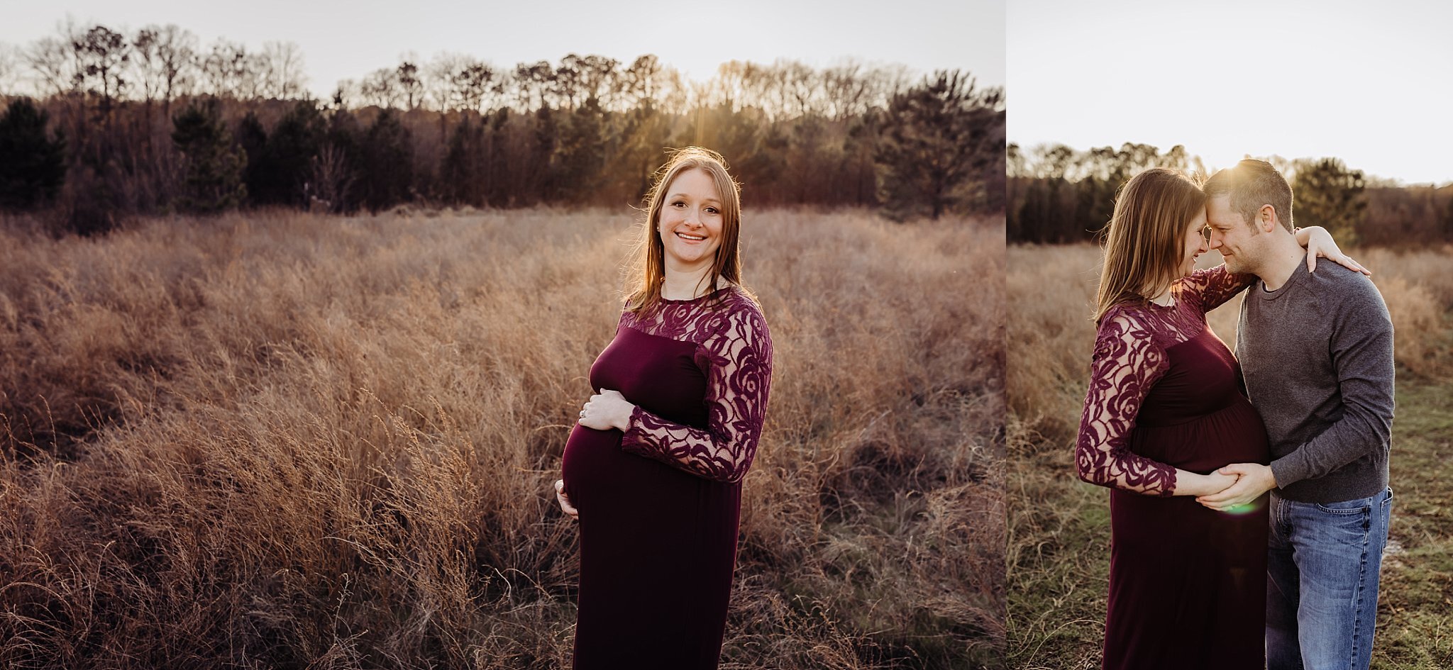 mom in burgundy dress in field at Garrard Landing Park Roswell GA maternity photo session