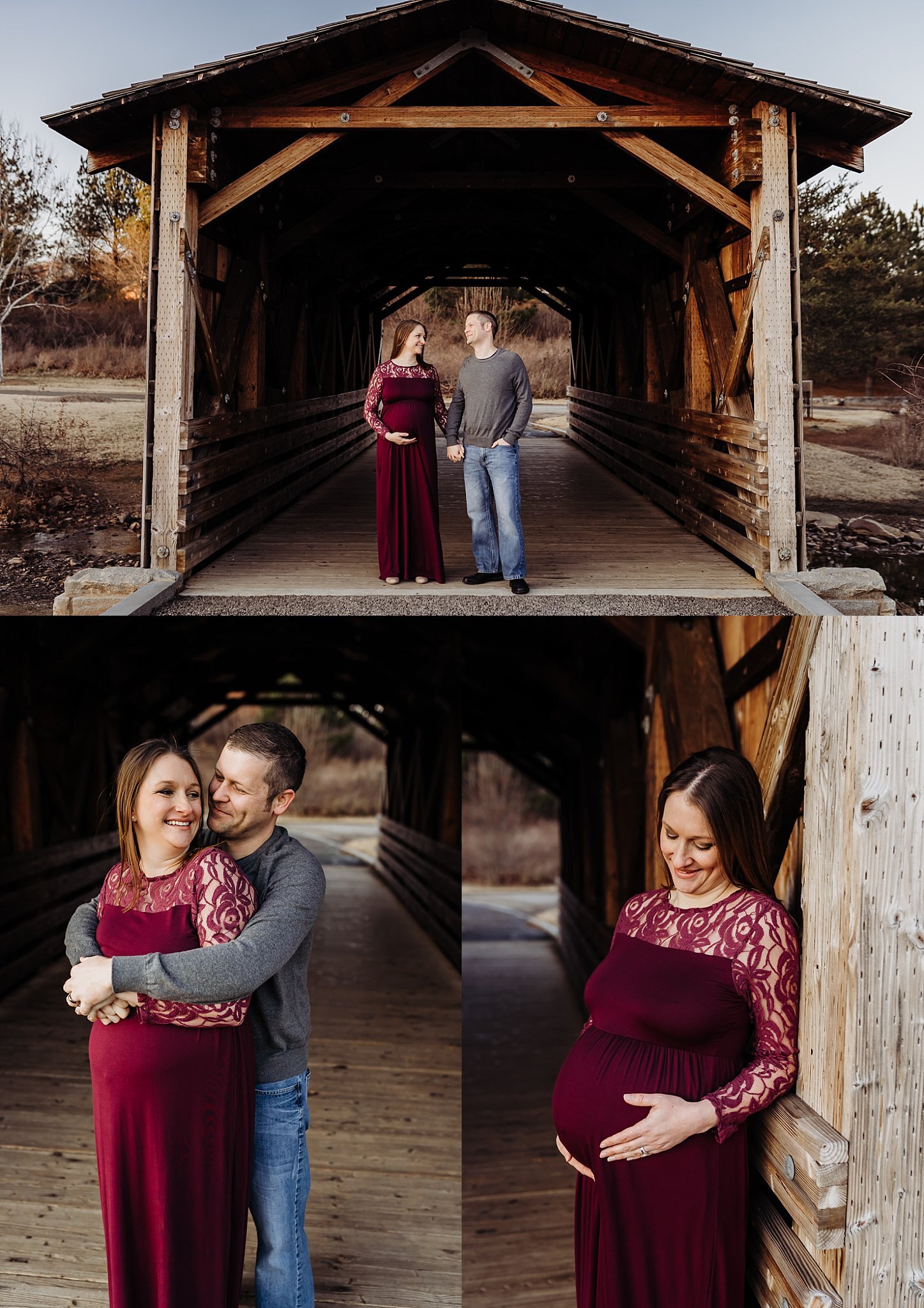 couple in covered bridge at Garrard Landing Park Roswell GA maternity photo session