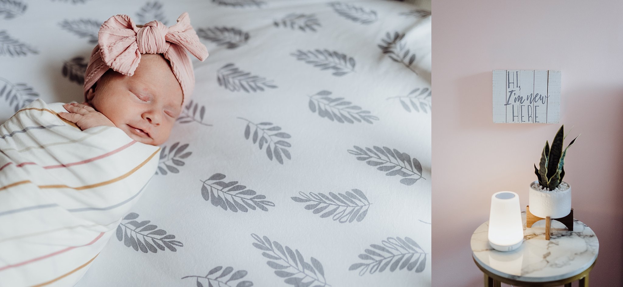 newborn baby girl in crib with gray and white sheets 