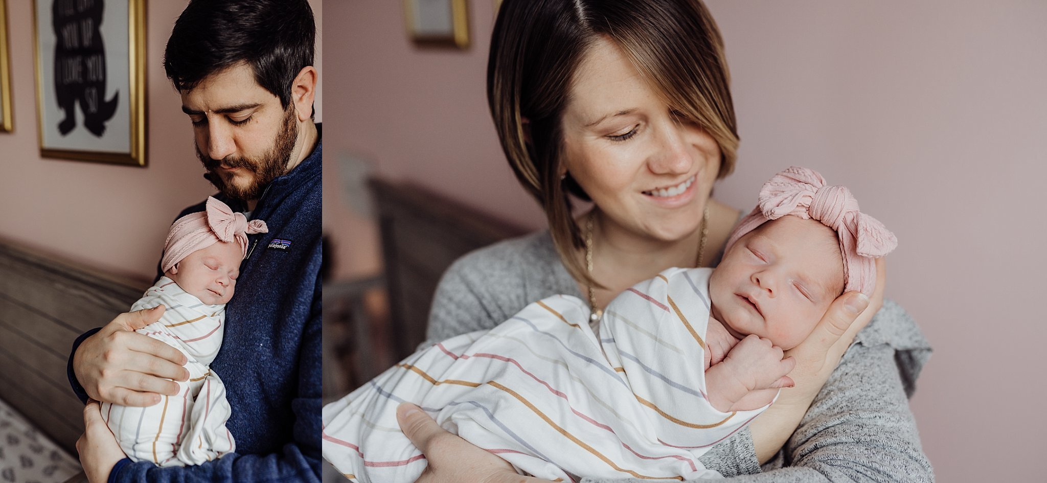 side by side photos of mom and dad with newborn baby girl