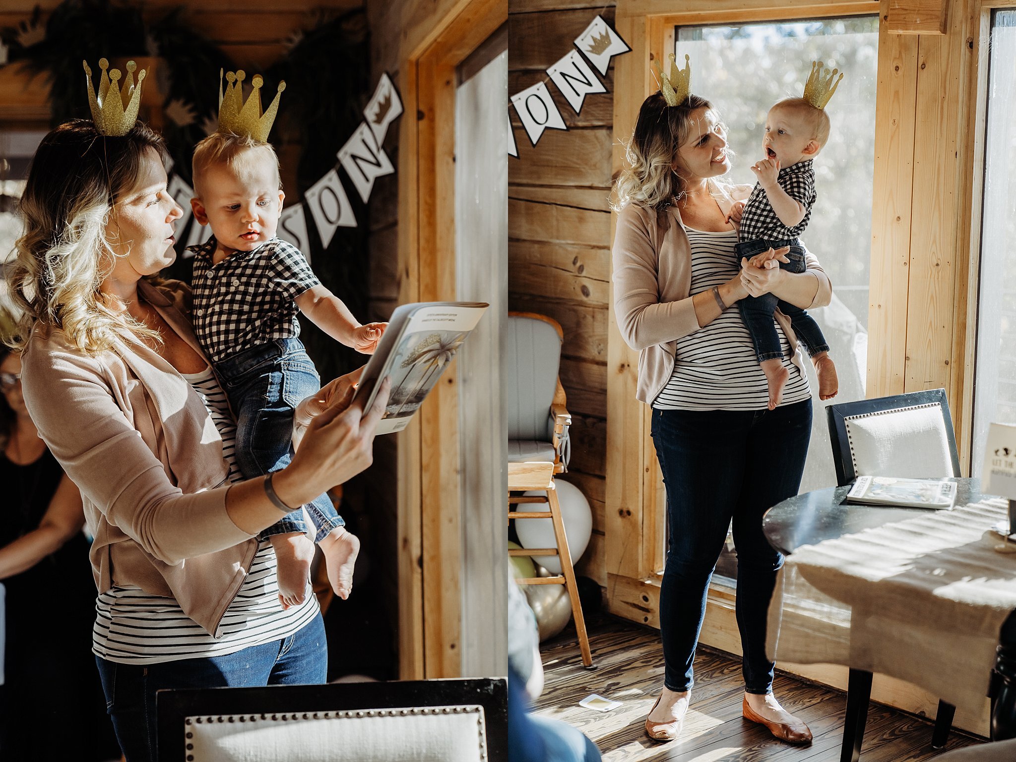 mom reading where the wilds things are to son at first birthday party