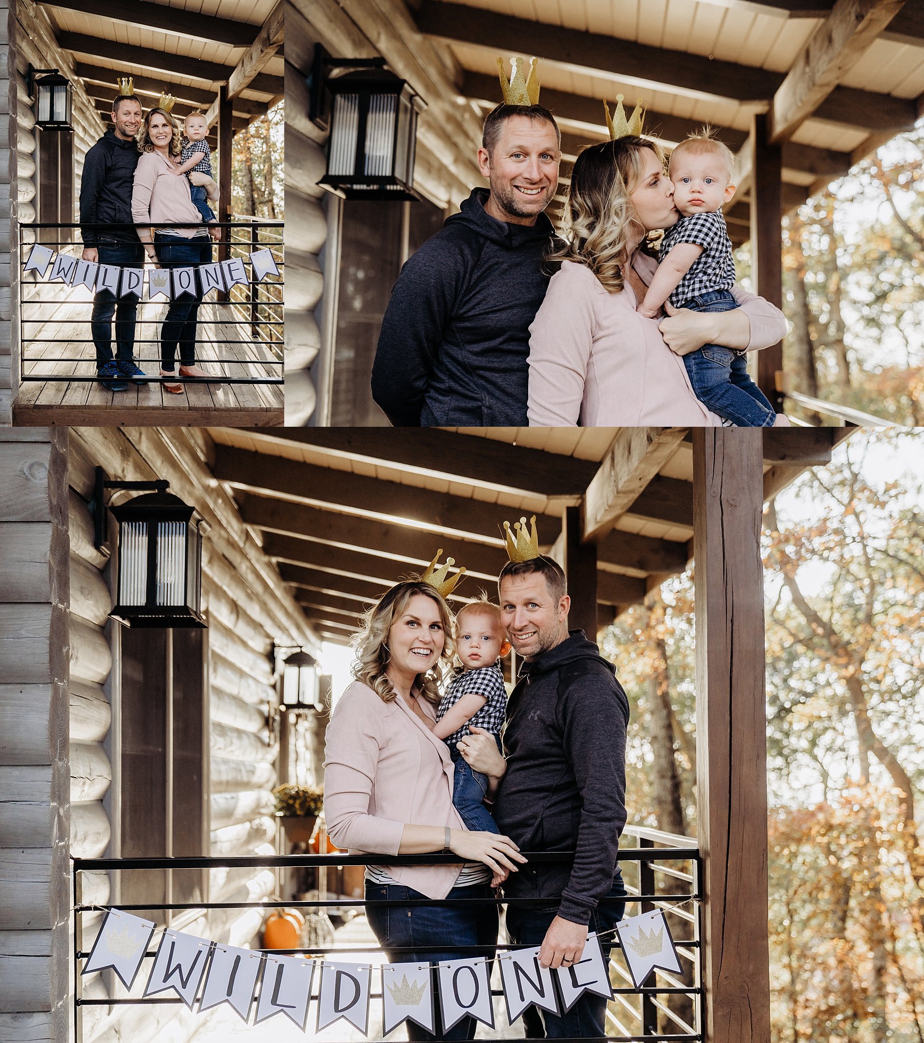family of 3 in front of cabin home in North Georgia Mountains