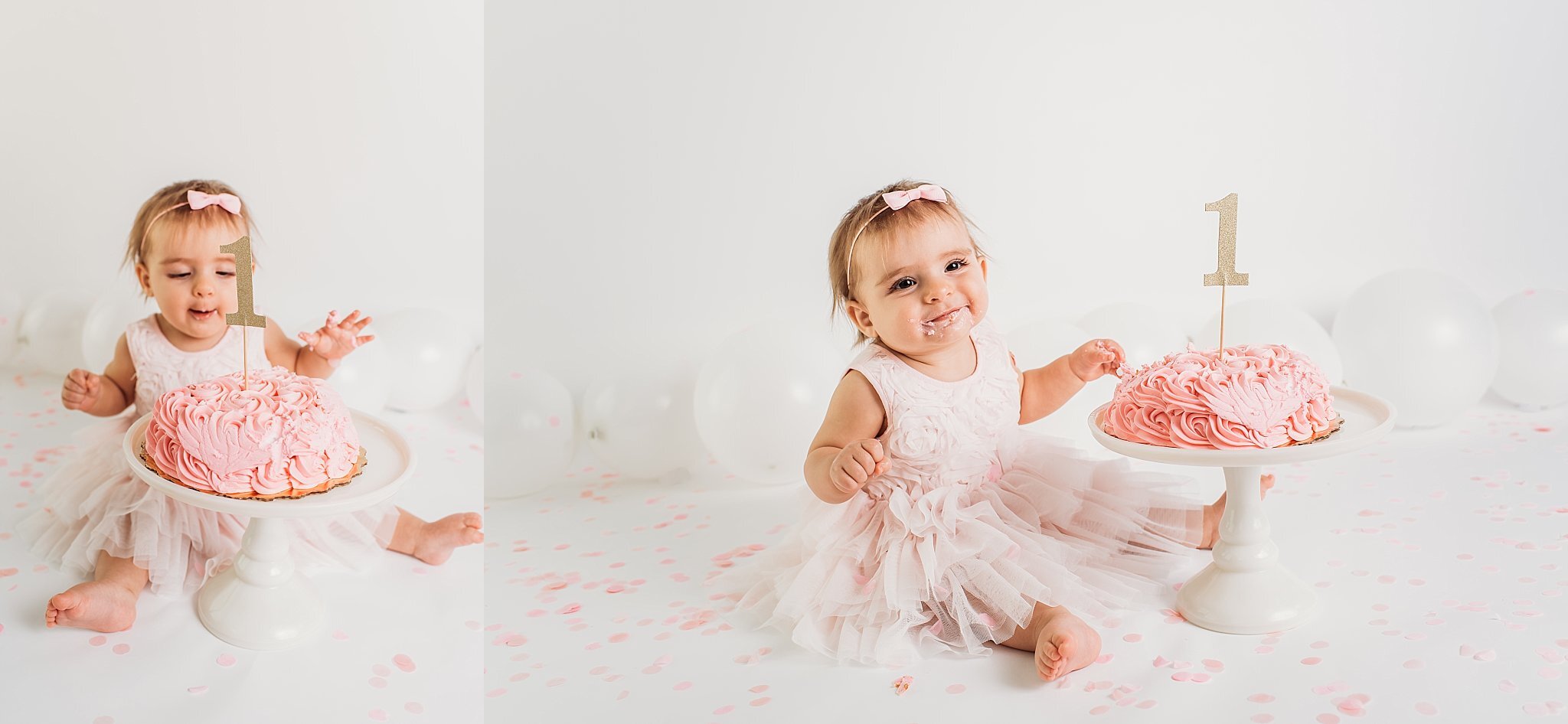 baby girl in pink dress with pink cake for 1 year smash cake studio session | Atlanta Baby Photographer