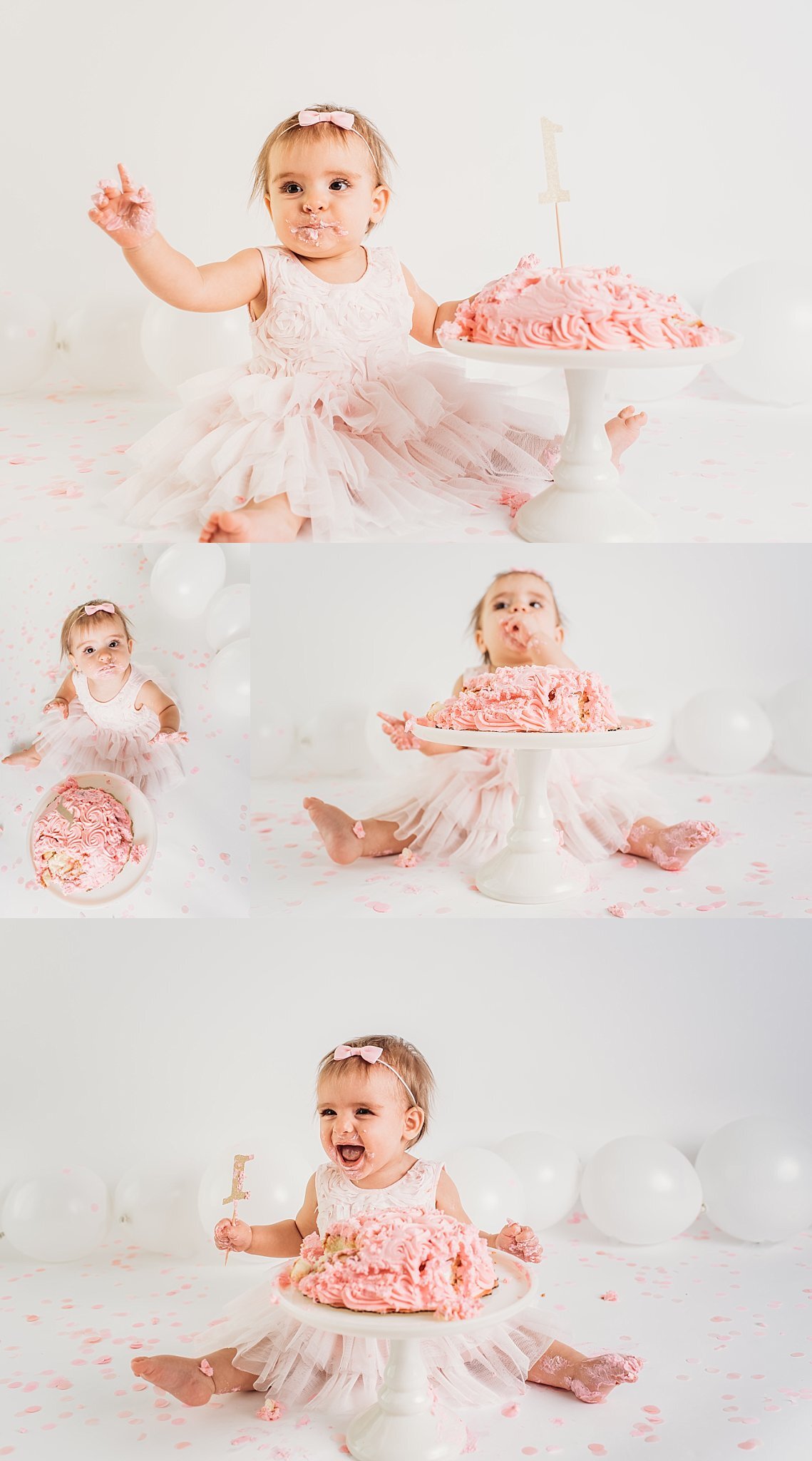 baby girl in pink dress with pink cake for 1 year smash cake studio session | Atlanta Baby Photographer