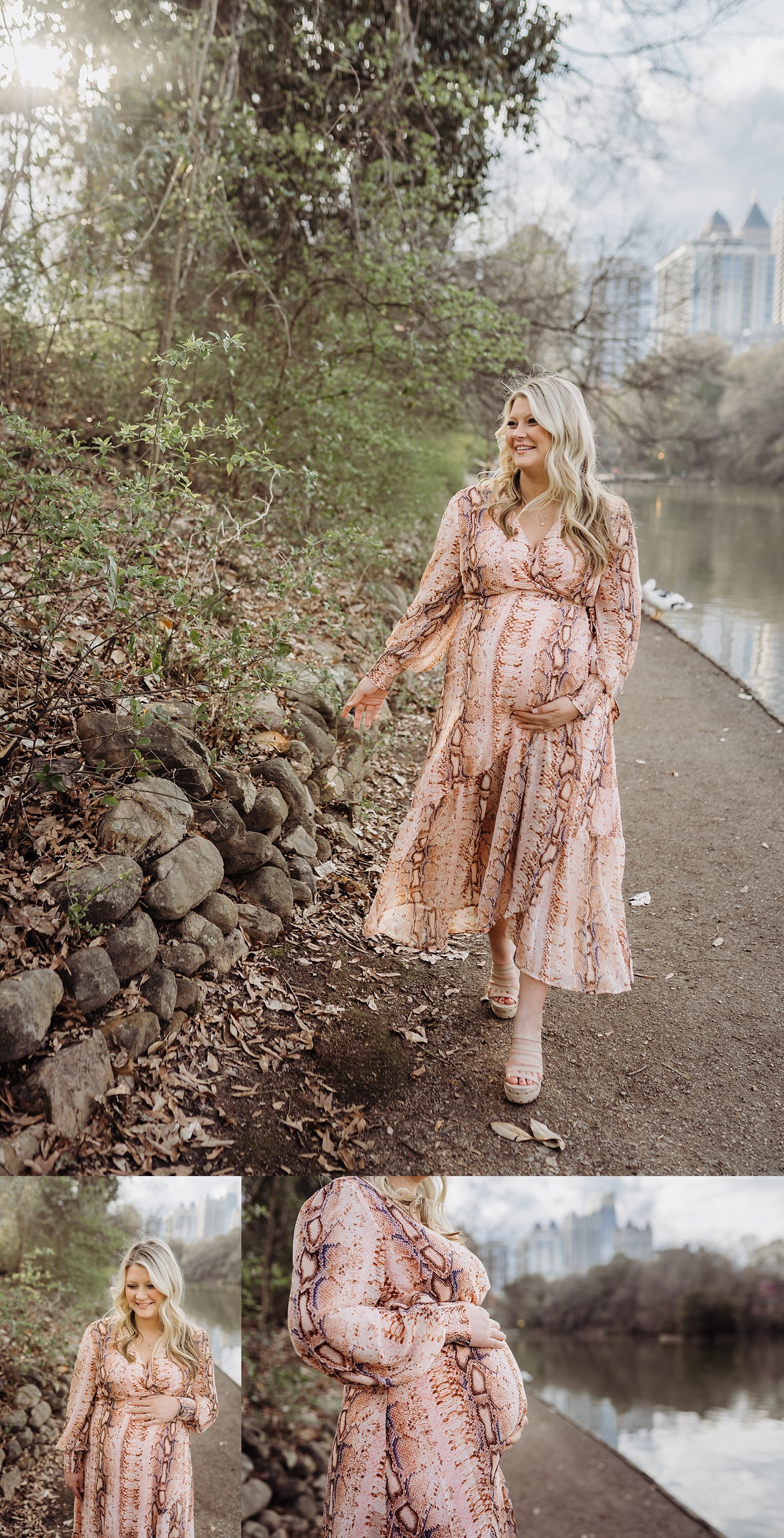 Pregnant mom in pink dress near pond in Piedmont Park
