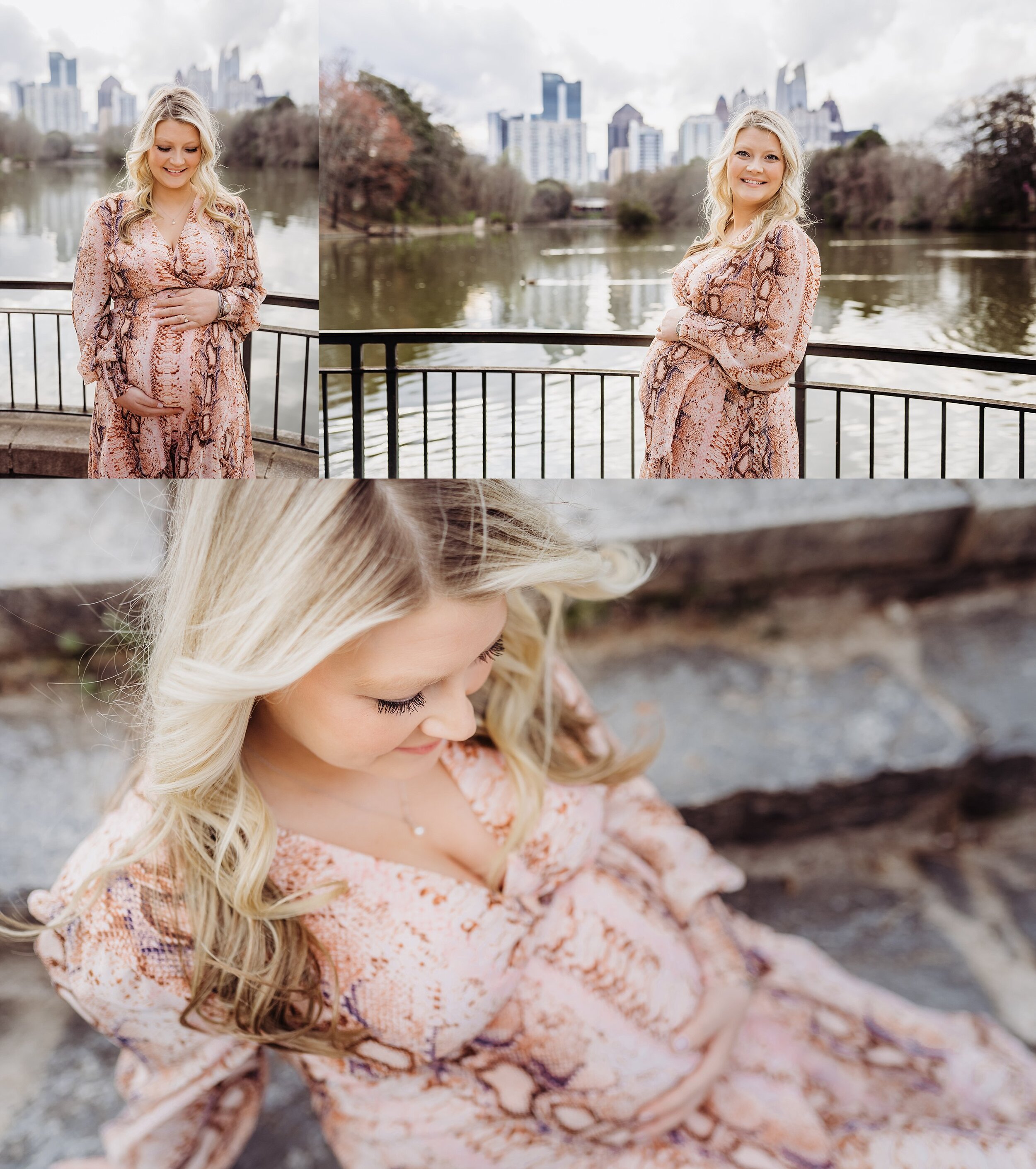 Pregnant mom in pink dress at maternity session in Piedmont Park