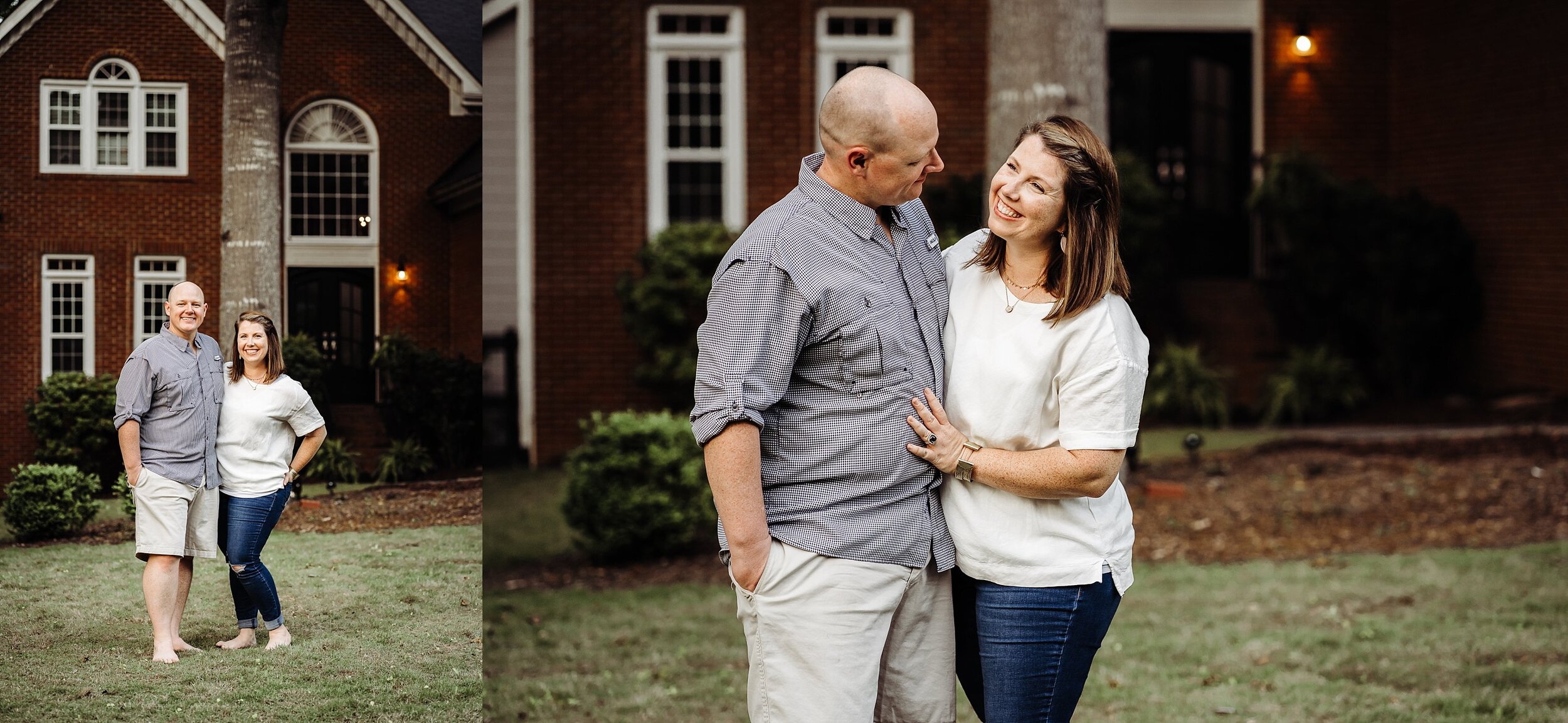 mom and dad laughing in front of house