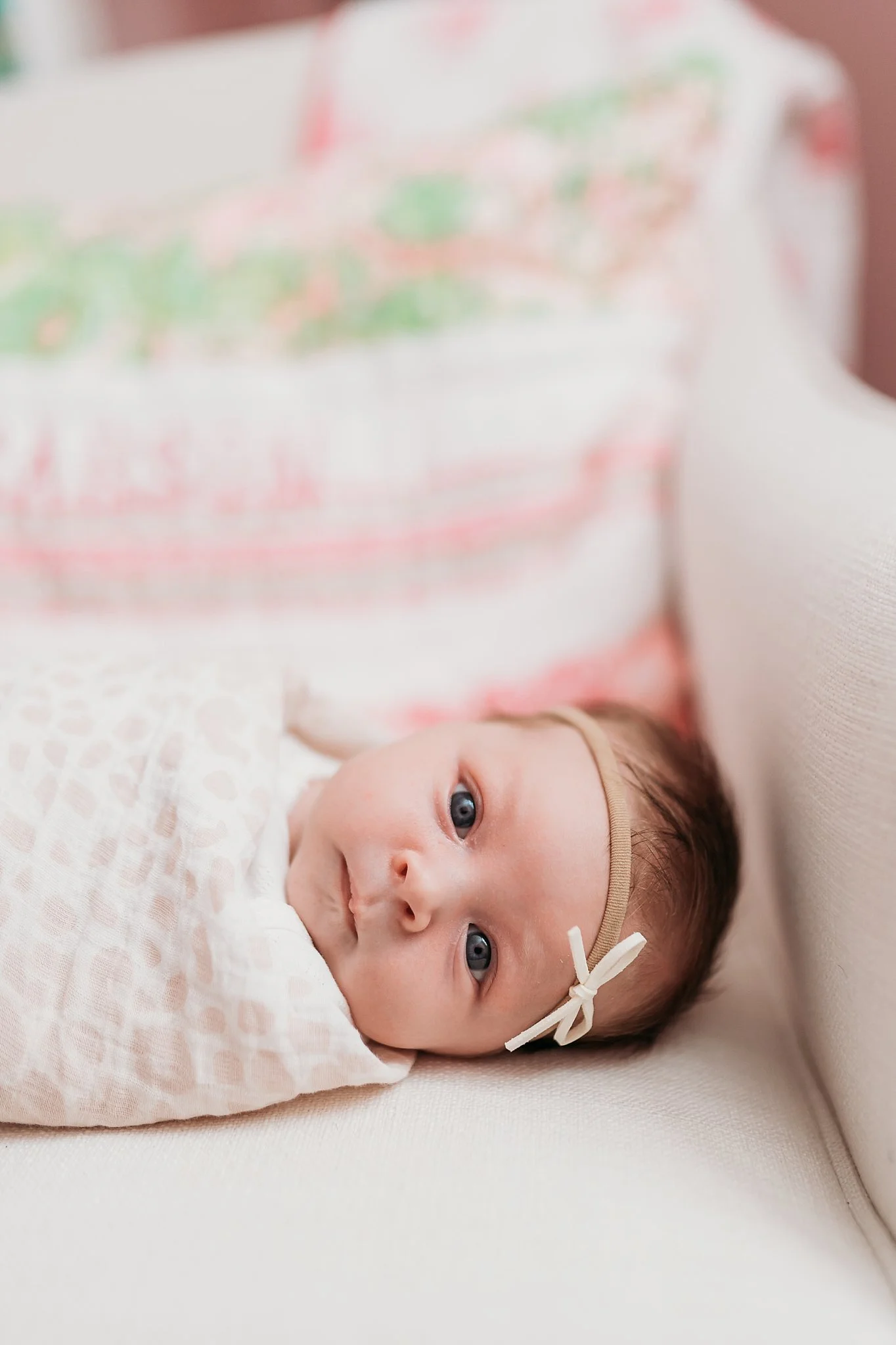 newborn baby girl swaddled in chair looking at camera