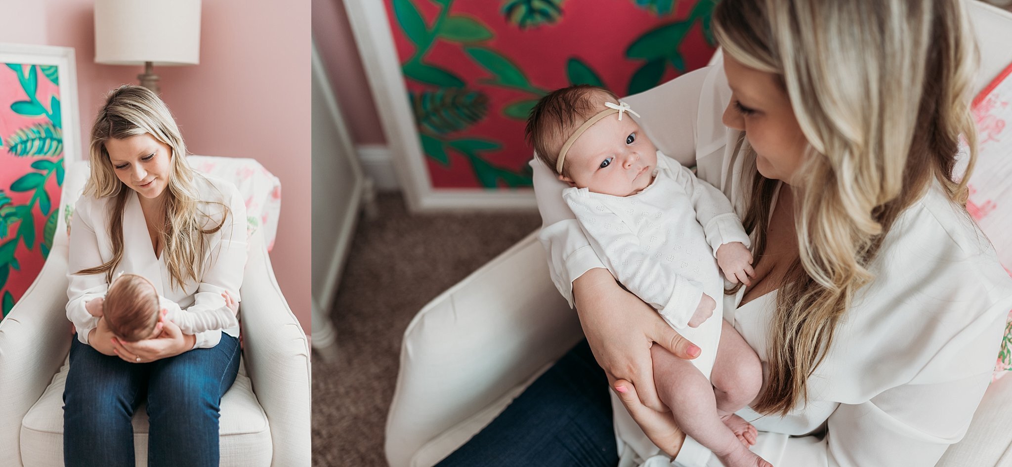 mom sitting nursery chair with newborn baby girl | Atlanta In Home Newborn Session