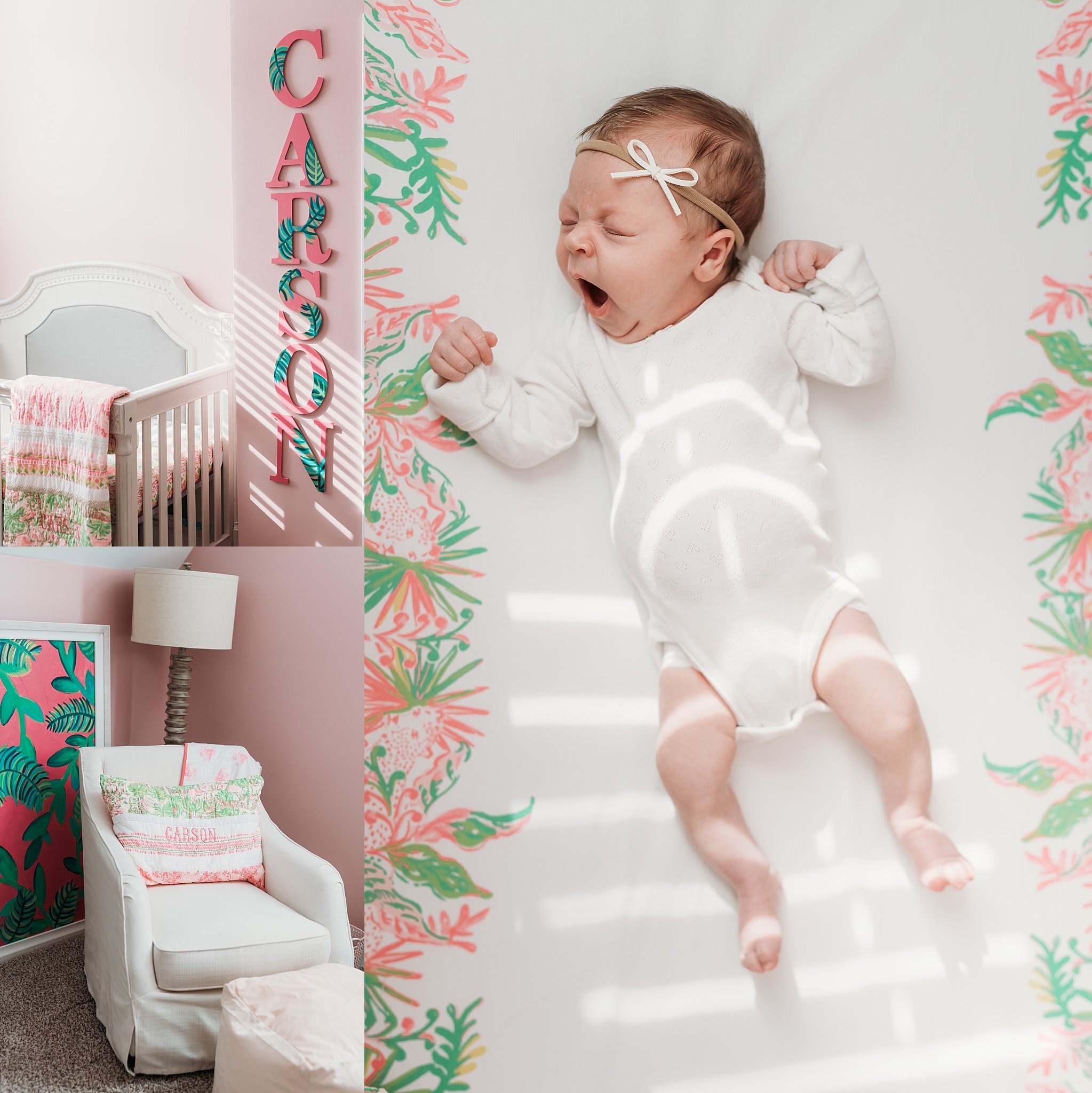 newborn baby girl in pink &amp; green nursery | Atlanta In Home Newborn Session