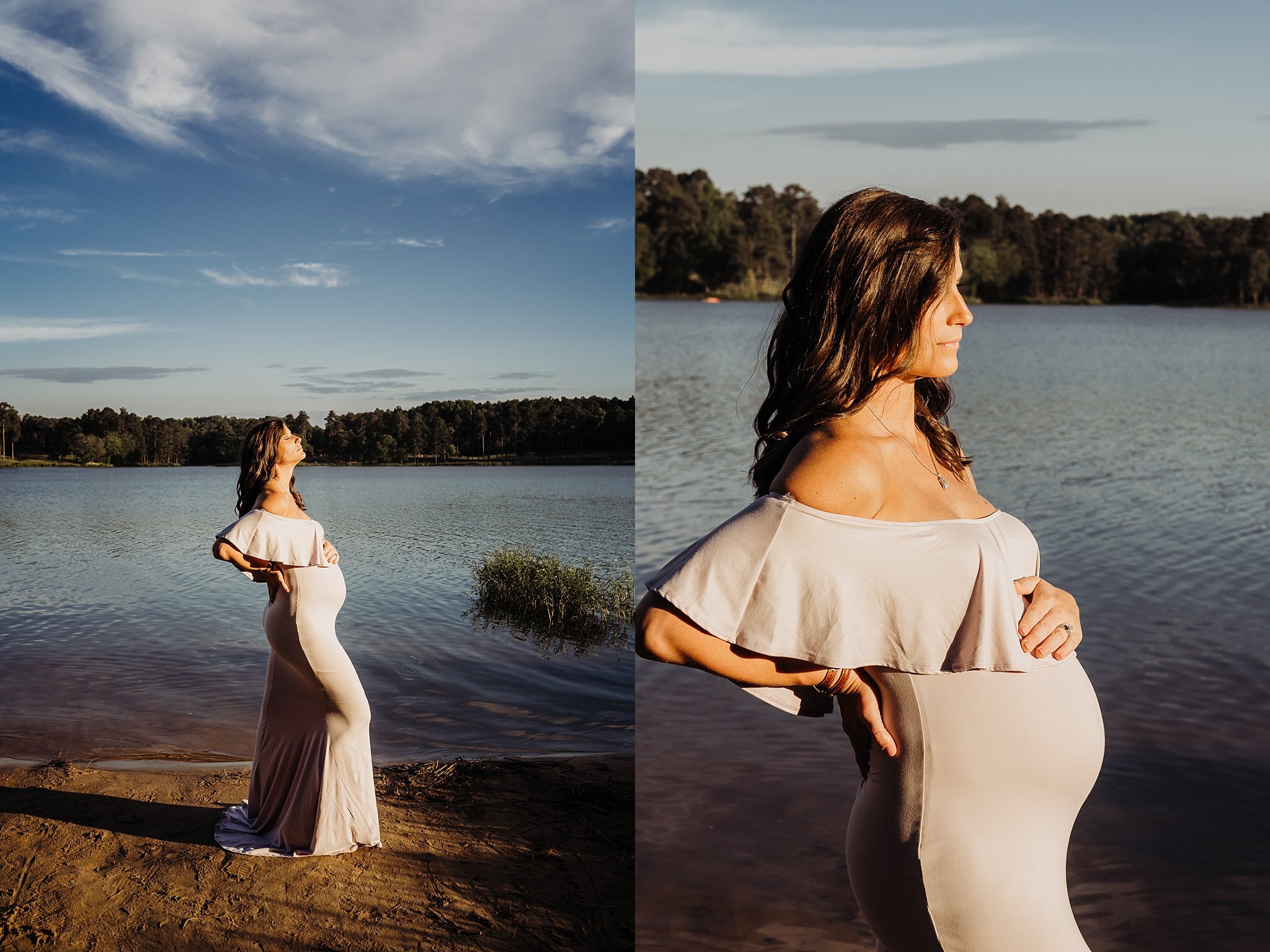 pregnant mom in purple maternity photo gown at Acworth Lake Cauble Park Georgia