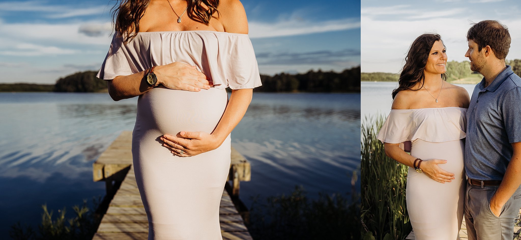 Close up of pregnant moms belly in purple maternity gown on dock at Cauble Park