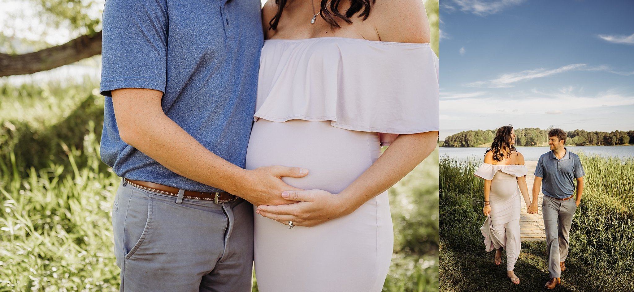 close up on dads hand on moms pregnant belly