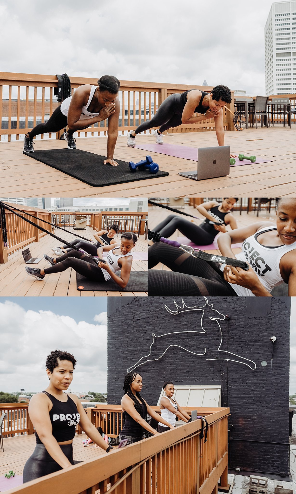 women doing live stream workout on rooftop in Atlanta 