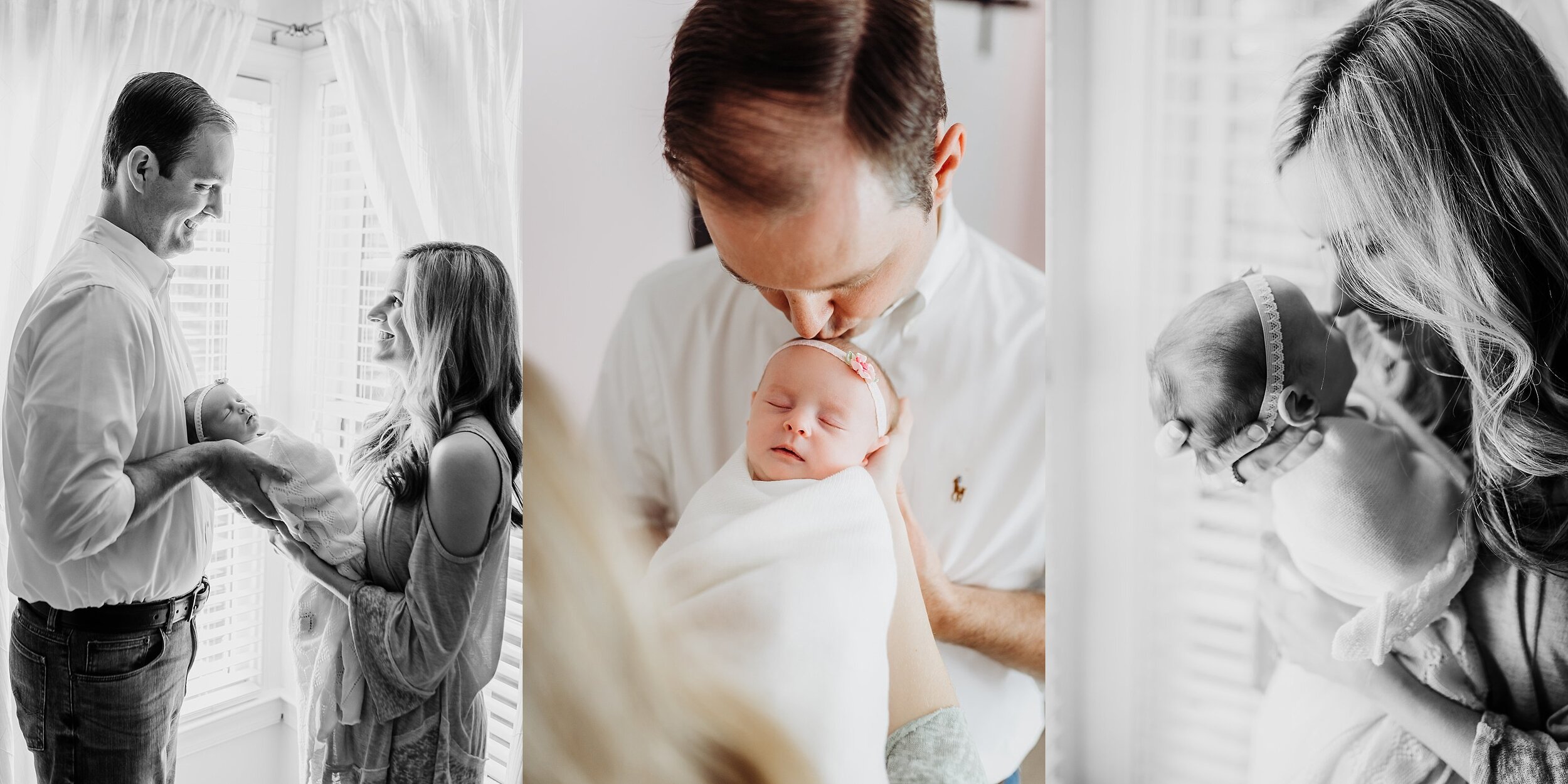 photos of mom and dad with newborn baby in baby girl nursery at in-home newborn session in Atlanta, GA