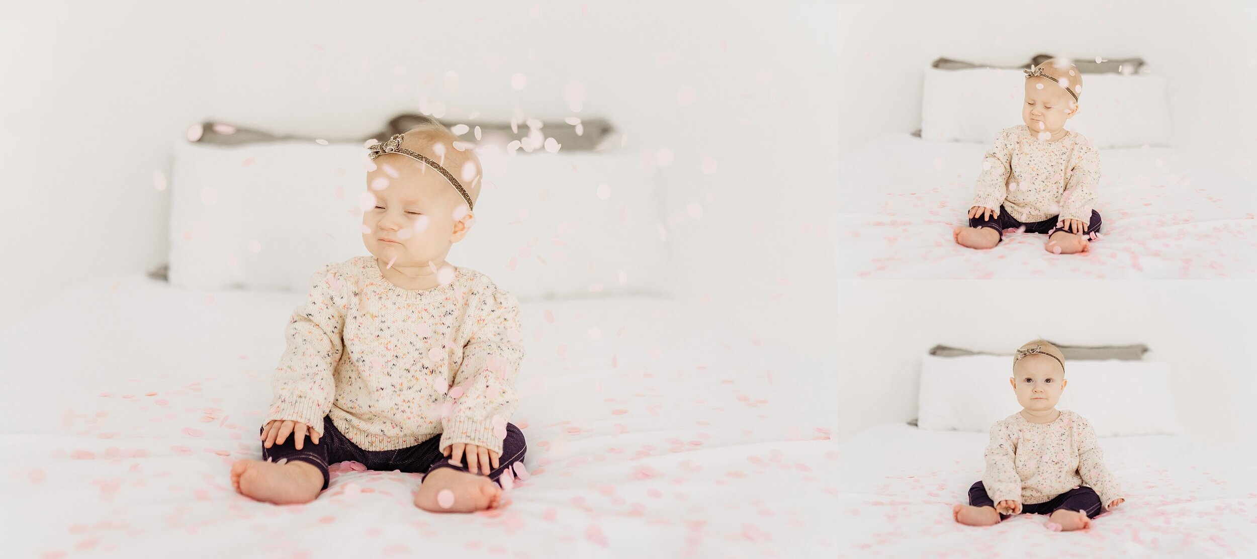 One year milestone photos of girl with pink confetti on bed at Whitewall Woodstock Studio in Woodstock, GA