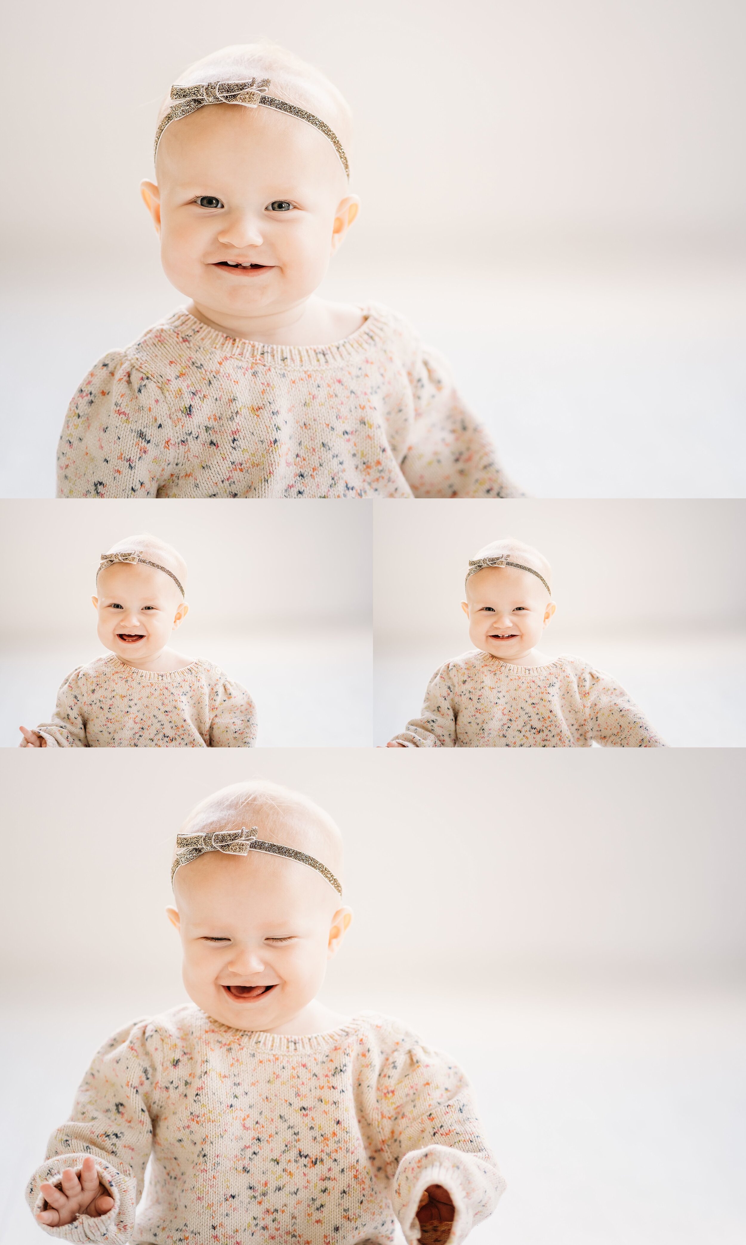 Portraits of 1 year old girl laughing and smiling at Whitewall Woodstcok studio