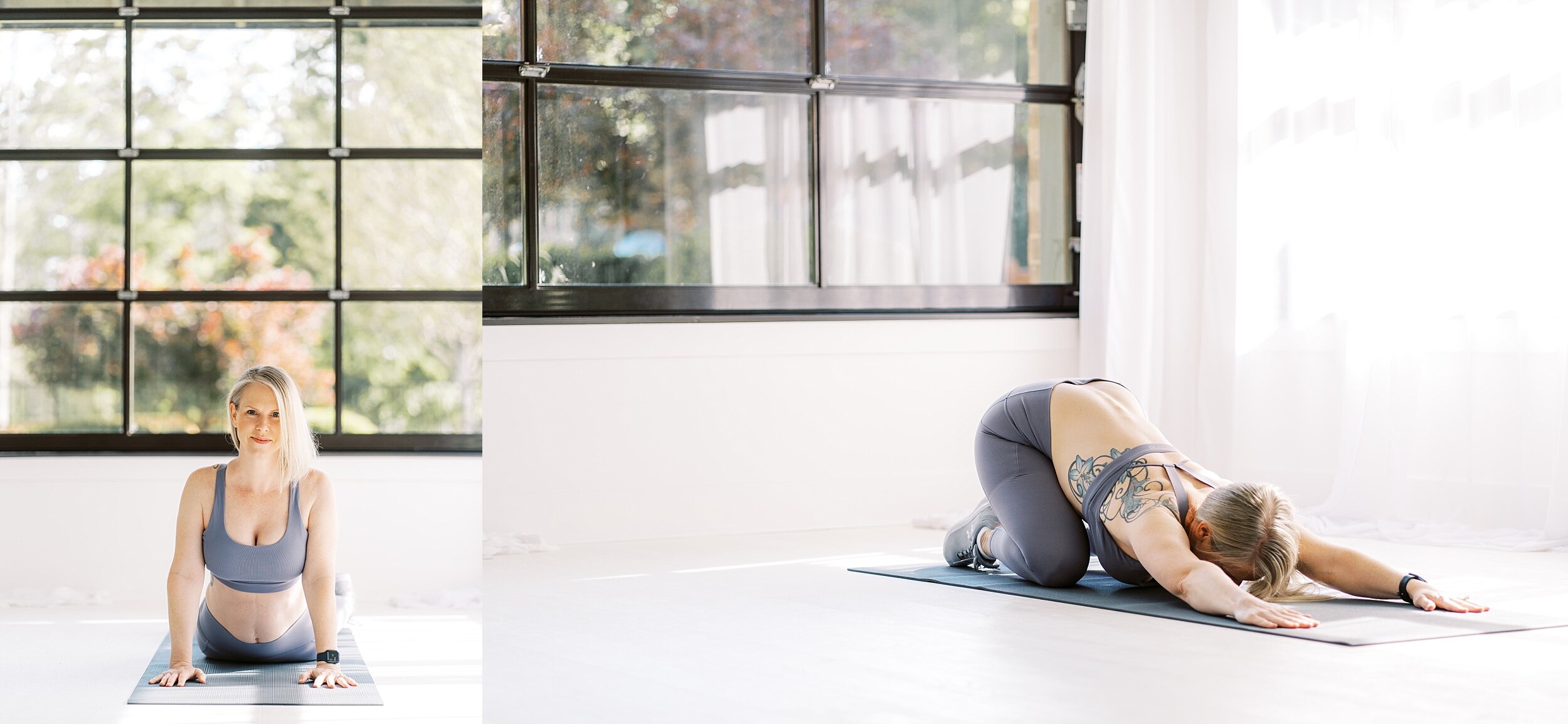 Atlanta Fitness Blogger doing yoga poses in Whitewall Woodstock for Photo session