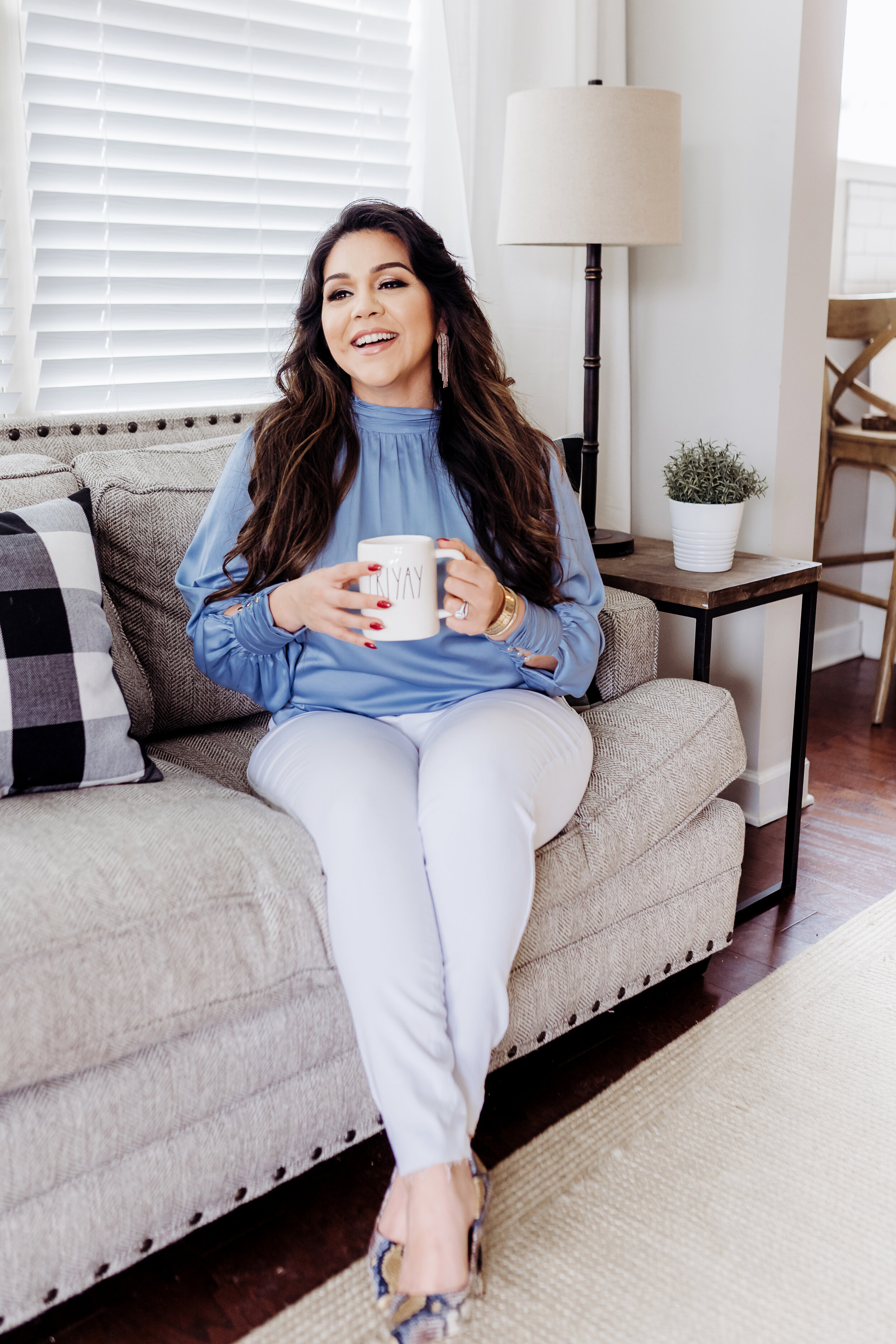 Realtor laughing on couch with FRIYAY Rae Dunn Mug Atlanta, GA Personal Brand Photo Session