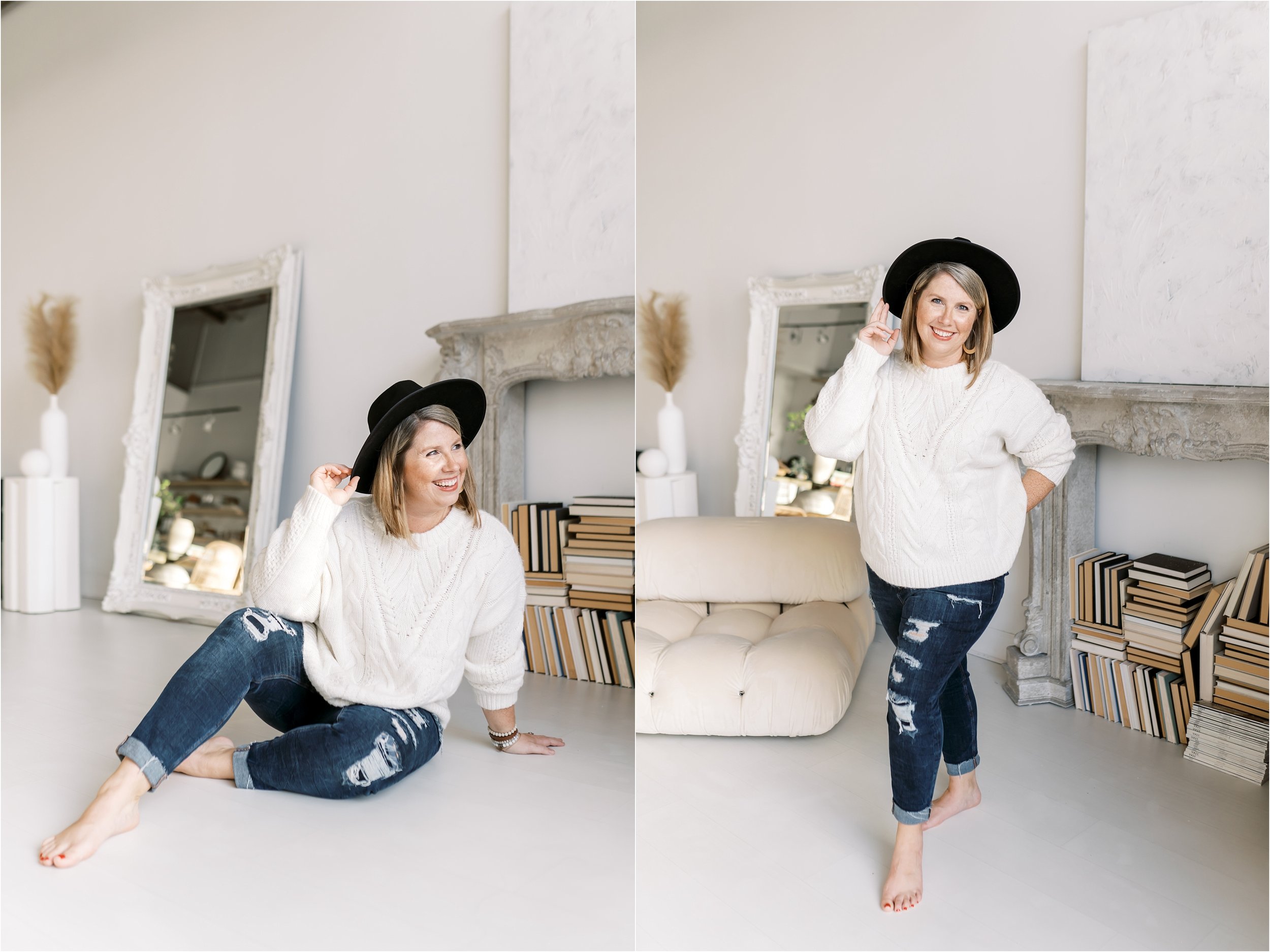 Photographer wearing black hat in front of fireplace Blanc Studio West Brand Photo Session