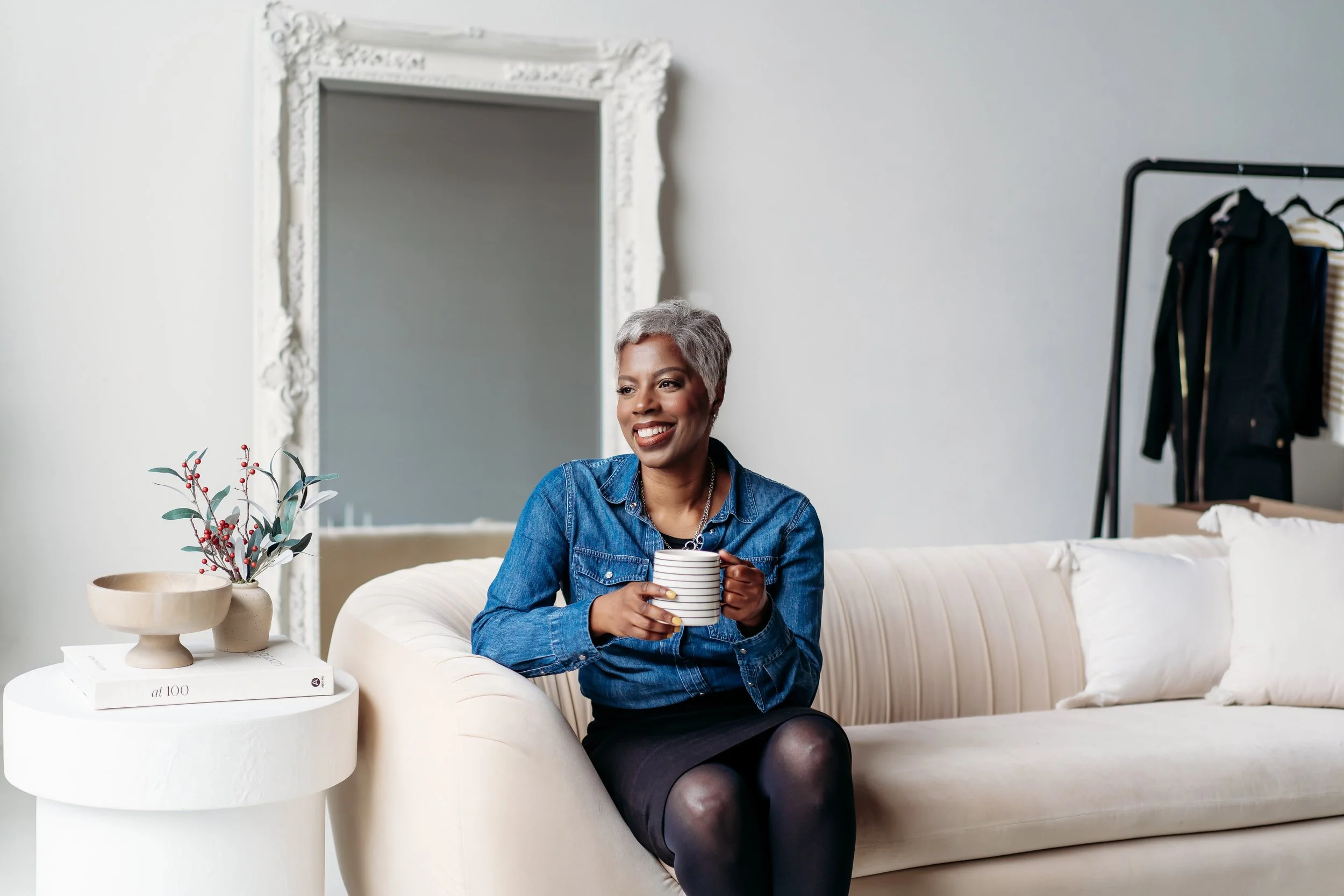 Coach sitting on couch at Blanc Studio west for brand mini session